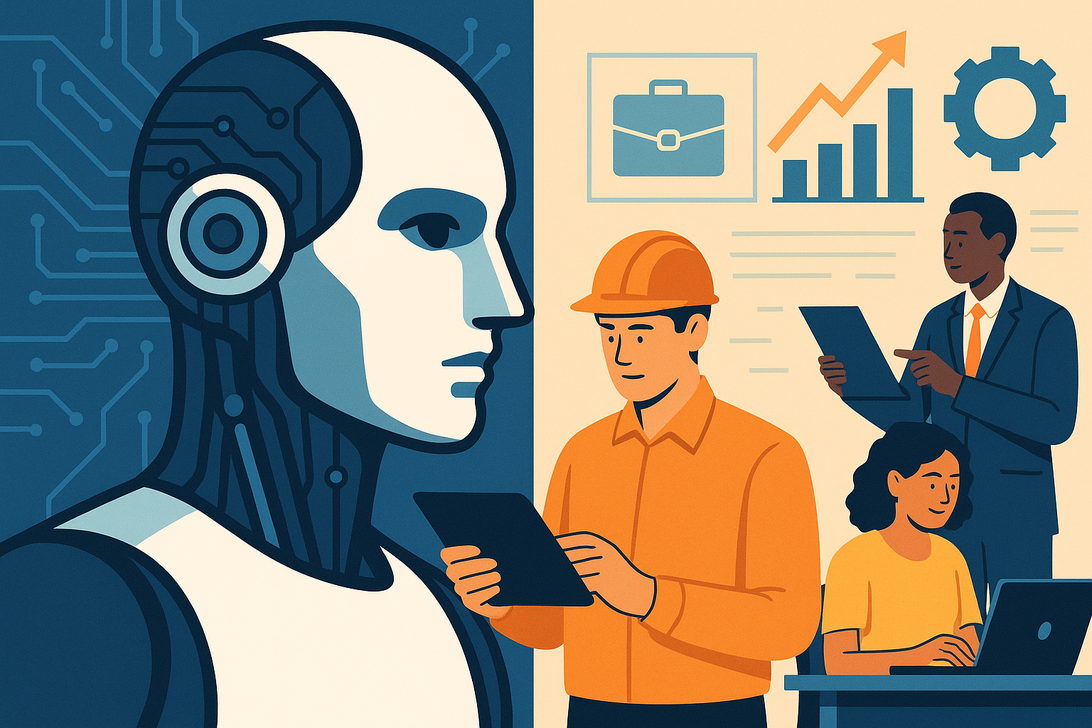 Visual representation of how AI is changing jobs in everyday industries like teaching, marketing, healthcare, and design