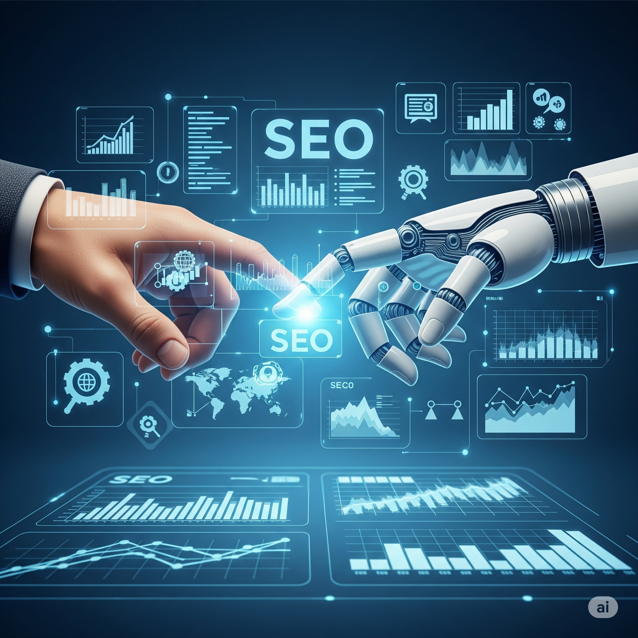 A human hand and a robot hand are shown touching a glowing blue digital interface that displays various SEO-related graphs, charts, a world map, and the word "SEO" multiple times. The image symbolizes the collaborative power of artificial intelligence and human expertise in optimizing for search engines.