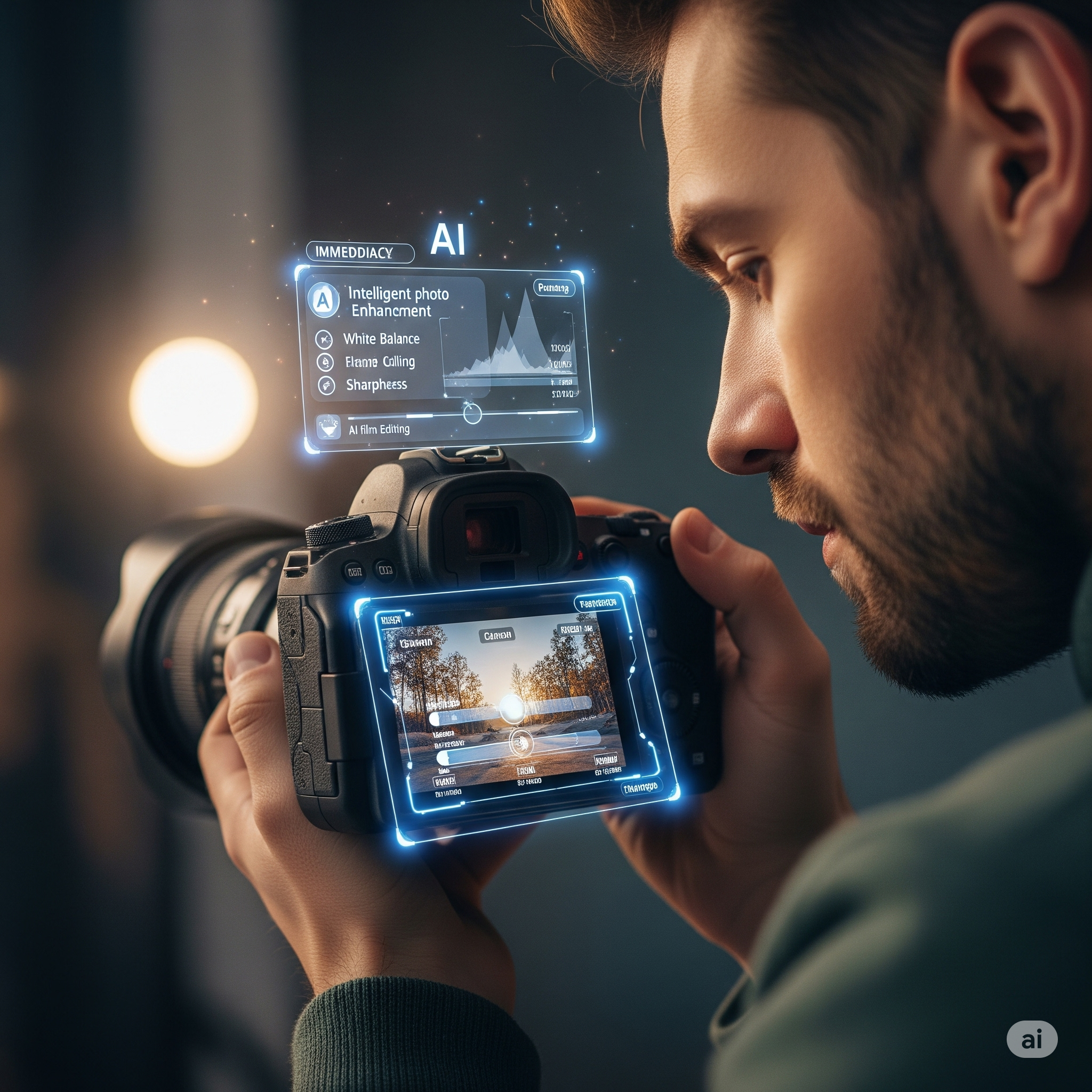 AI photography tools enhancing workflow for a photographer using image editing AI.