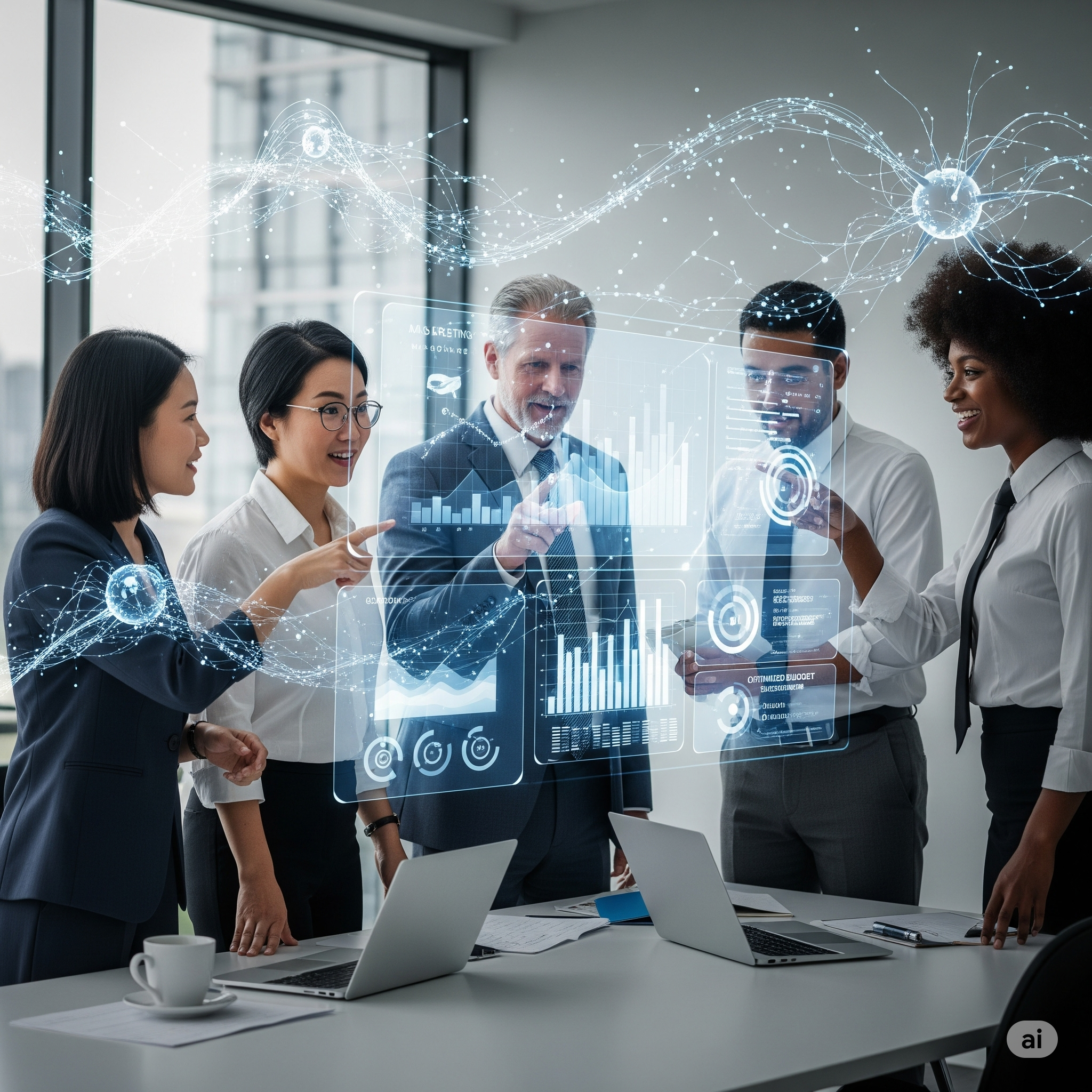 An illustration of business professionals analyzing dashboards and charts with AI-driven insights overlay, demonstrating "AI business intelligence" in action.