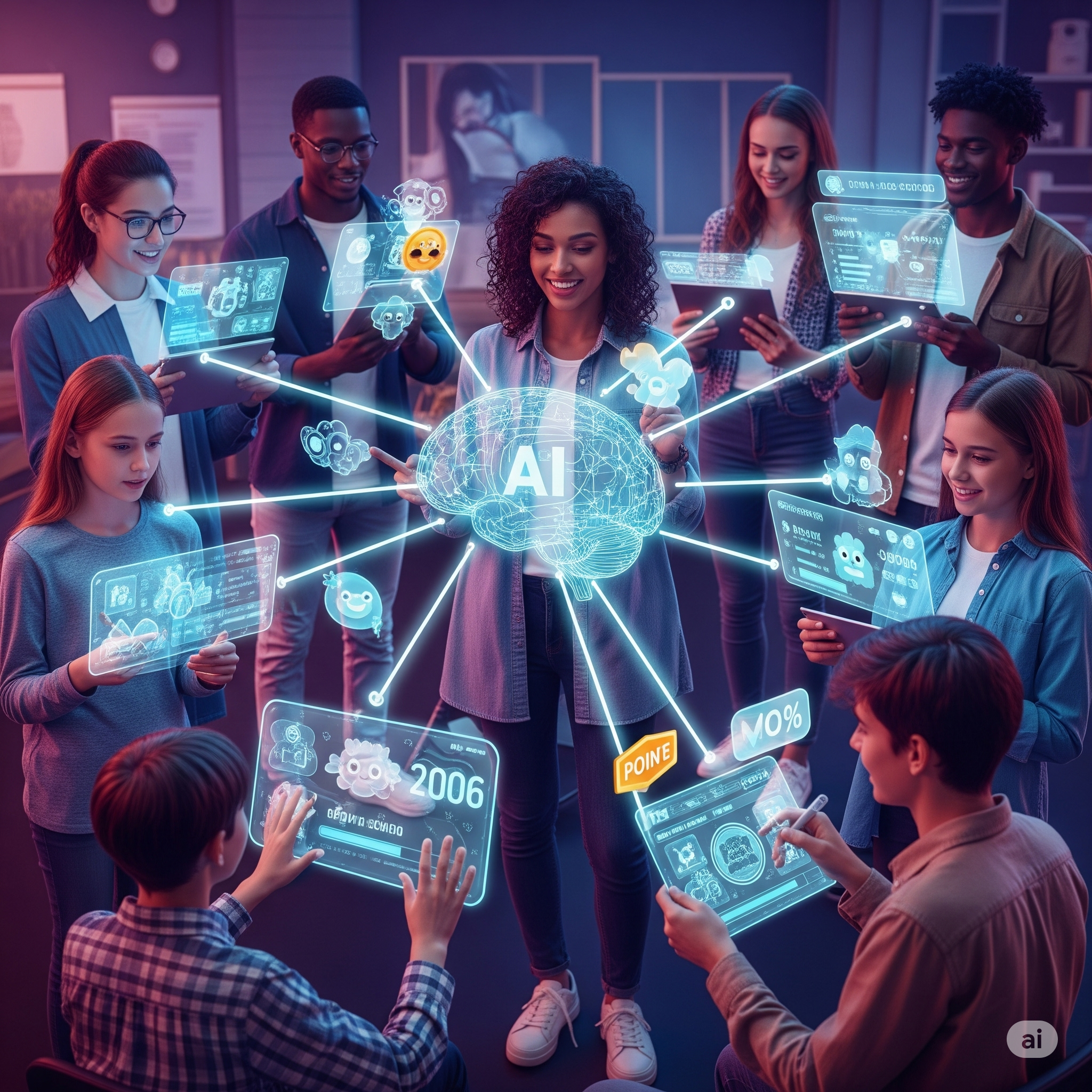 Students experiencing AI gamification education in an engaging learning AI environment.