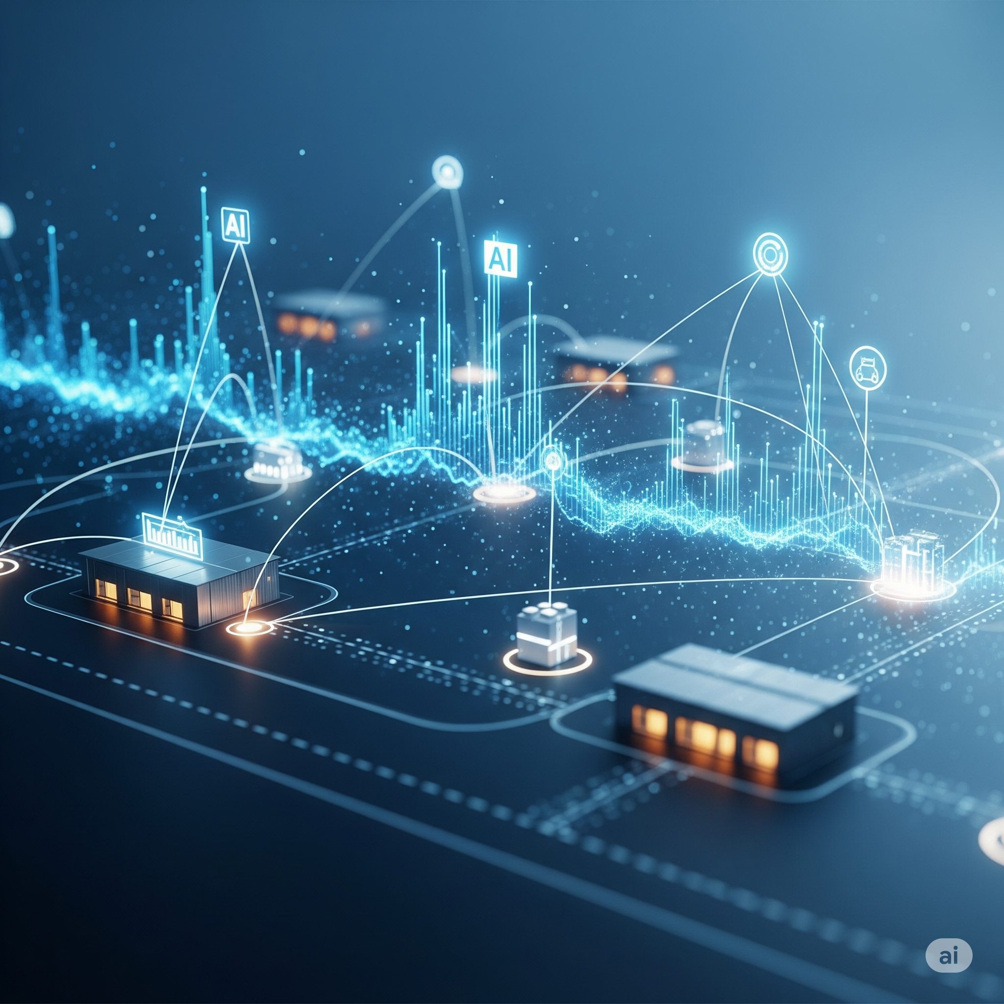 A visual representation of an AI supply chain optimizing global logistics and enhancing network resilience through intelligent data analysis.