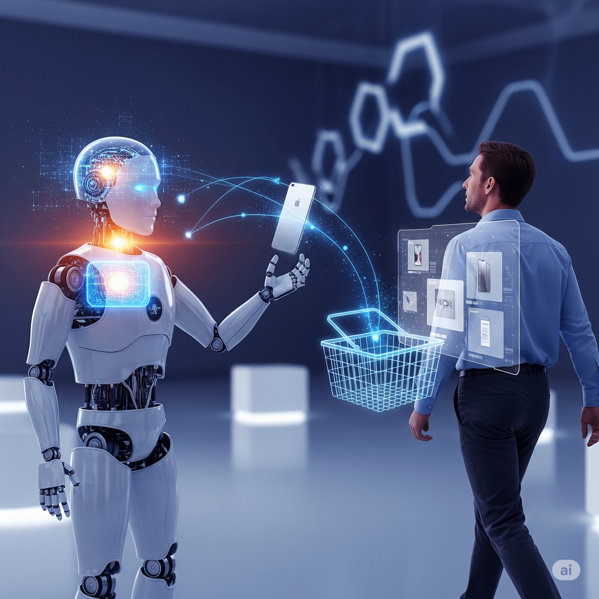 A symbolic illustration of AI retargeting on Meta, where an AI helps recapture a lost customer by intelligently re-presenting a product from their abandoned cart.