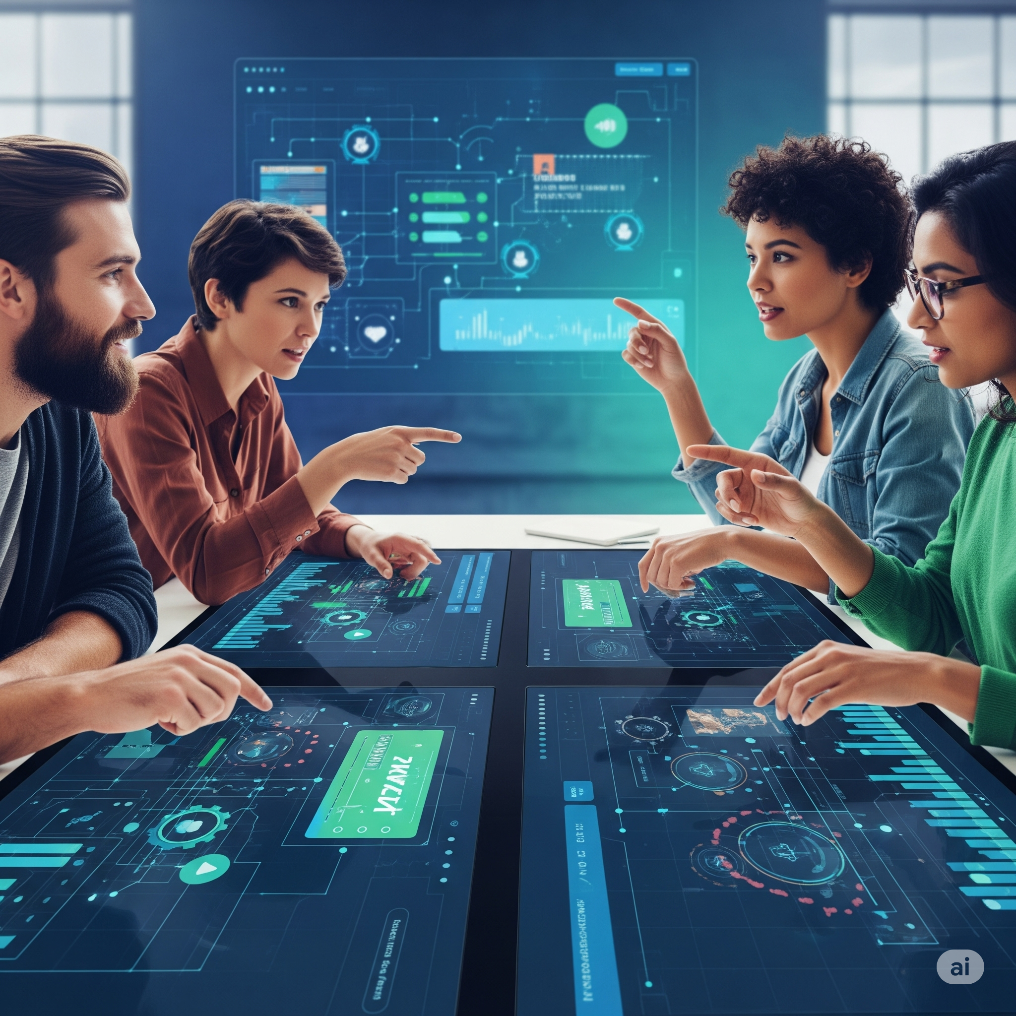Team showcasing human skills AI era—empathy, creativity, and collaboration—in a high-tech workplace.