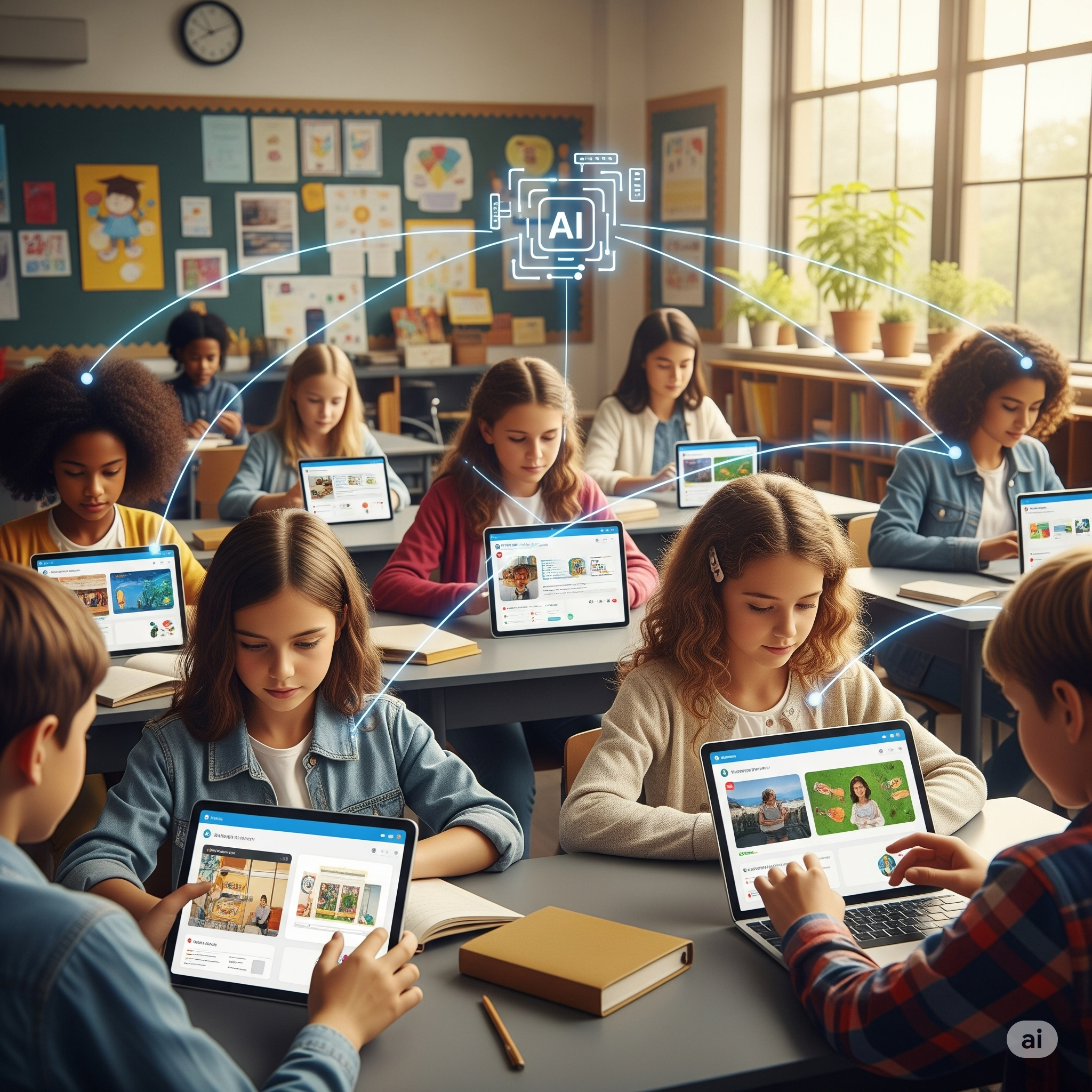 Students engaged in personalized learning through an adaptive learning AI system.