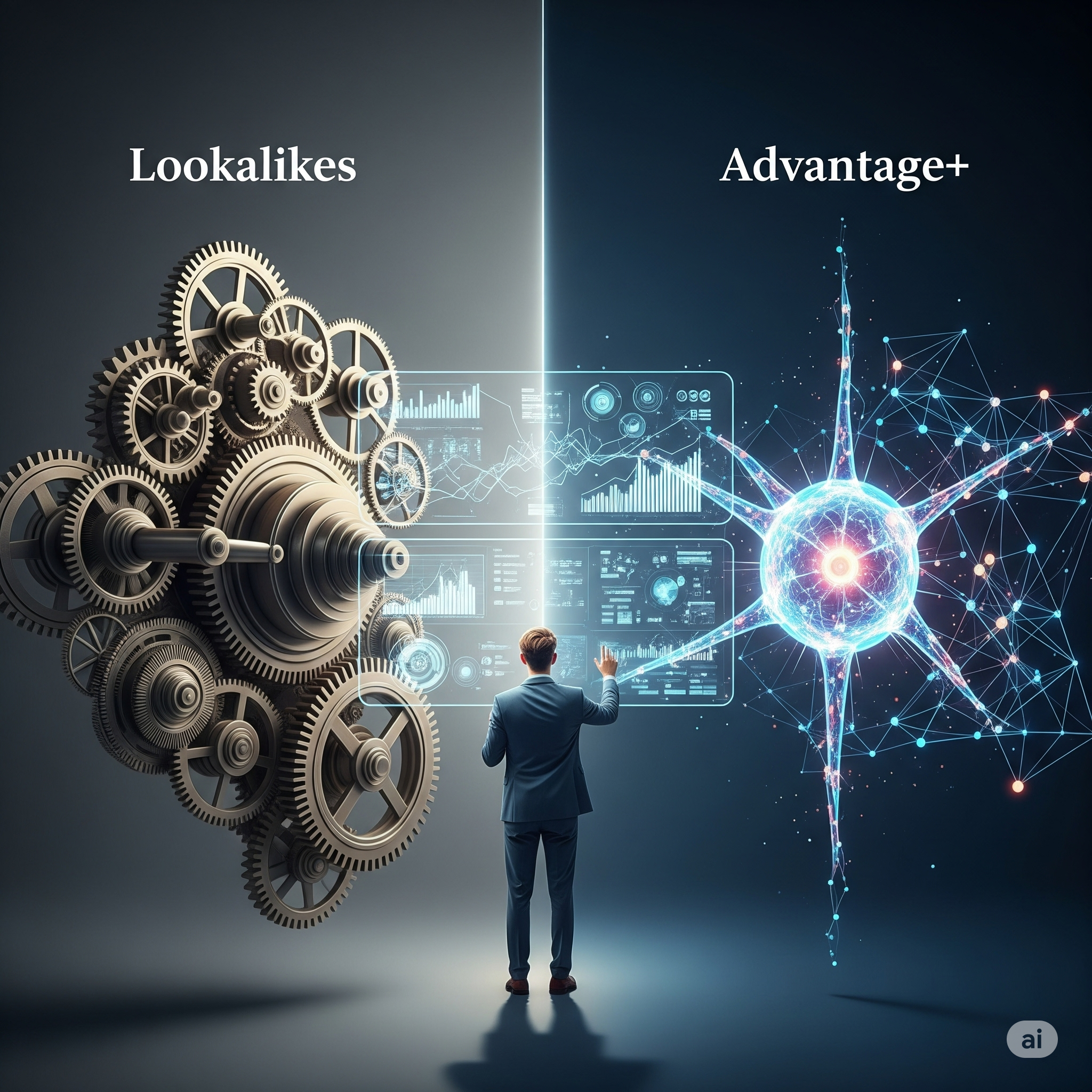 A marketer analyzing the performance data and mechanisms behind Meta's Advantage+ Audience vs Lookalike targeting options on a futuristic display.