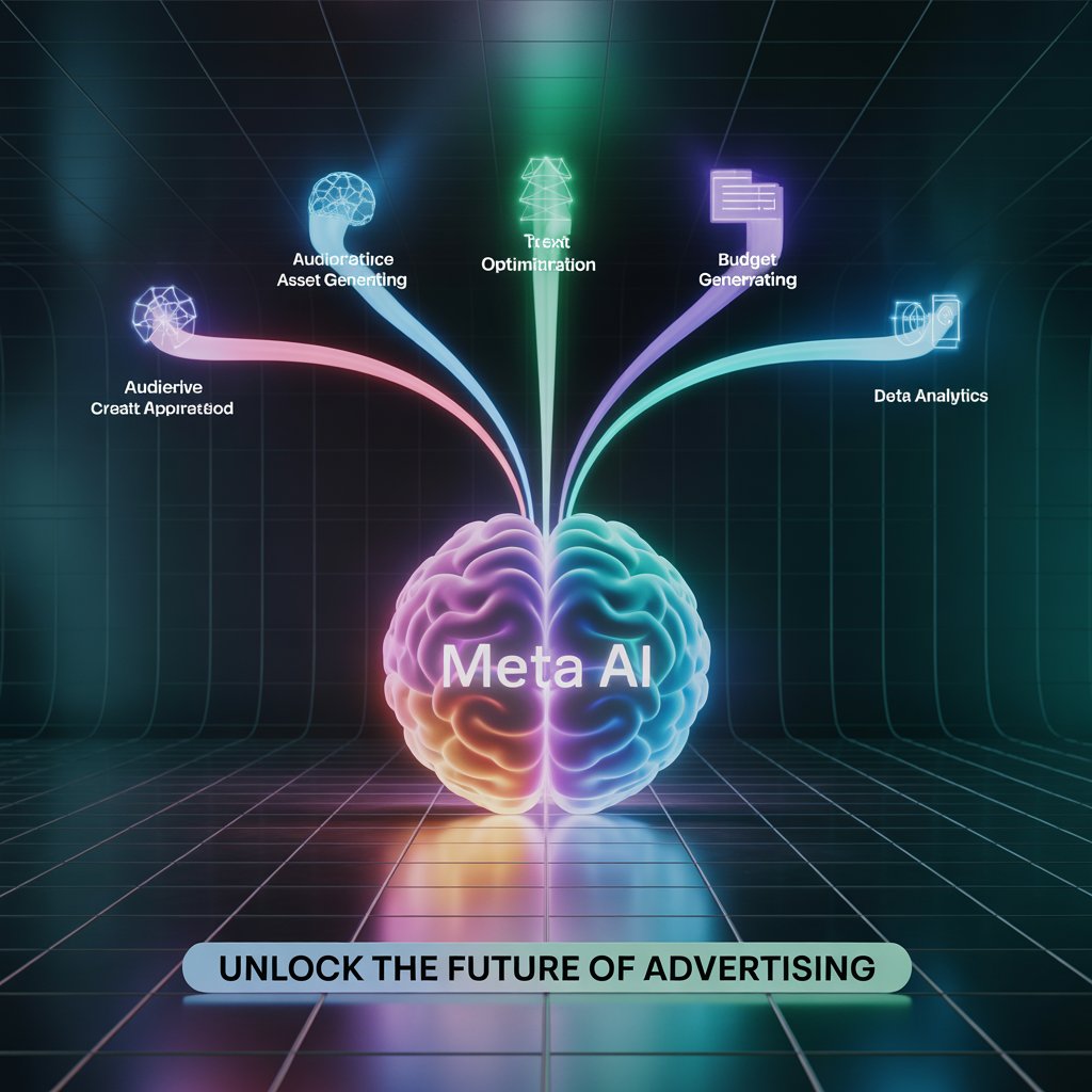 A conceptual image illustrating five key Meta AI features, including audience targeting and creative optimization, that are supercharging advertising campaigns.
