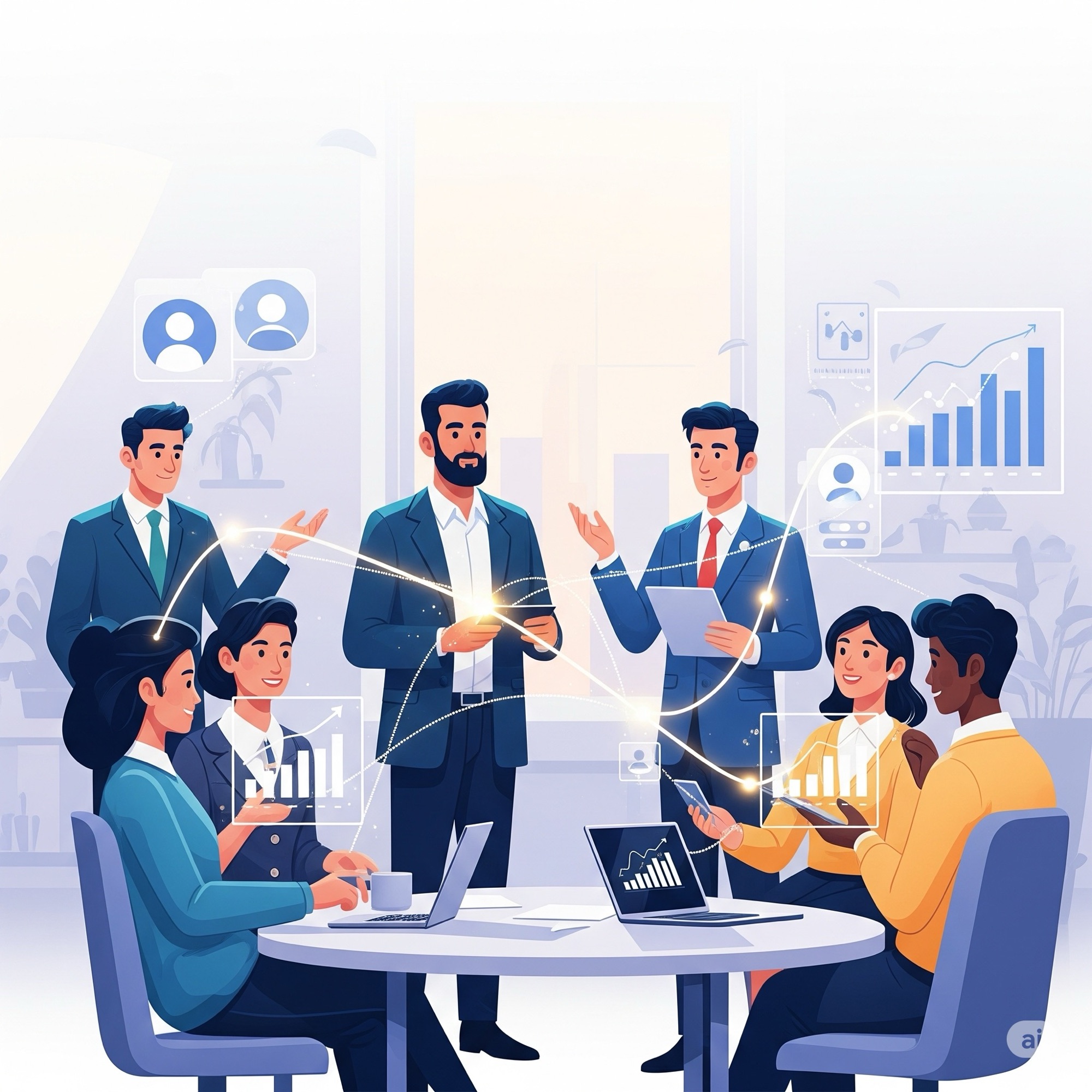 A stylized illustration showing a diverse group of employees and managers collaborating, with subtle AI elements like glowing data streams and insightful graphs overlaying their interactions, symbolizing AI performance management enhancing human connection and objective feedback. The overall tone should be positive and forward-looking.