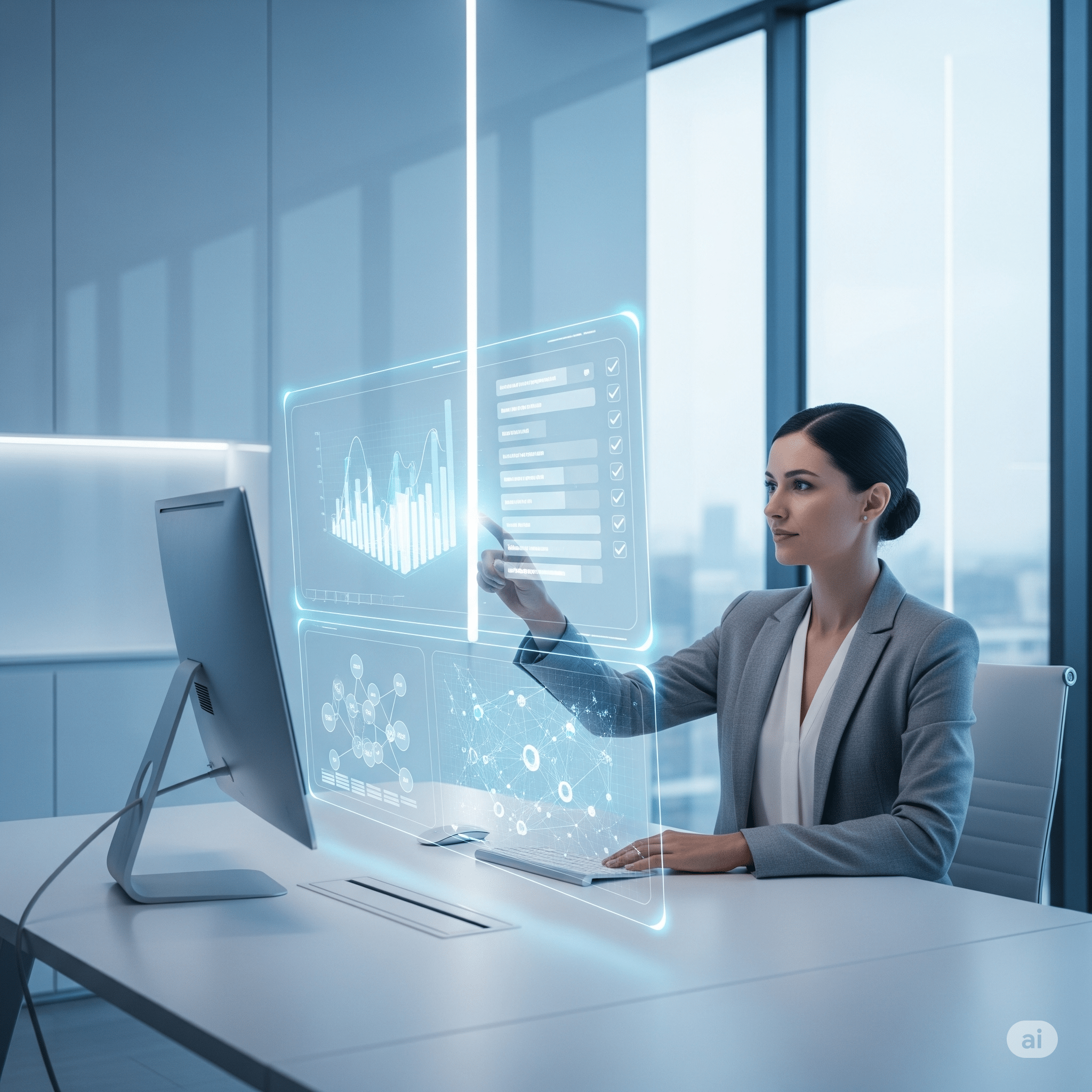 A business professional using sophisticated AI personal assistants on a holographic interface to manage their workflow and analyze data.