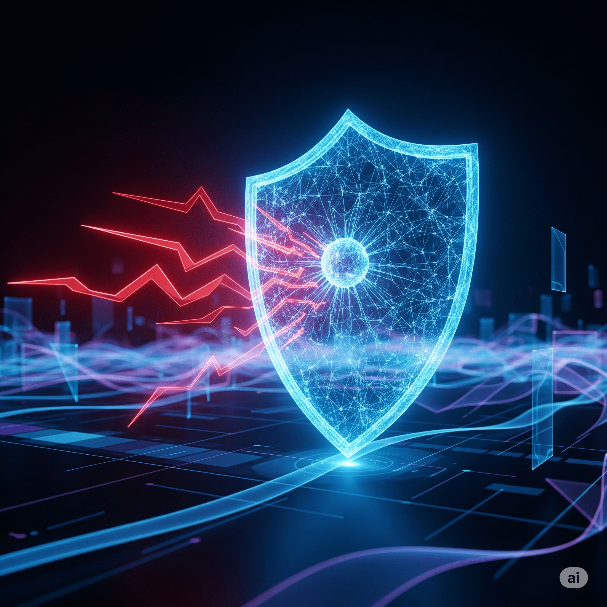 Image Alt Text A glowing shield representing AI cybersecurity protecting a network from threats.