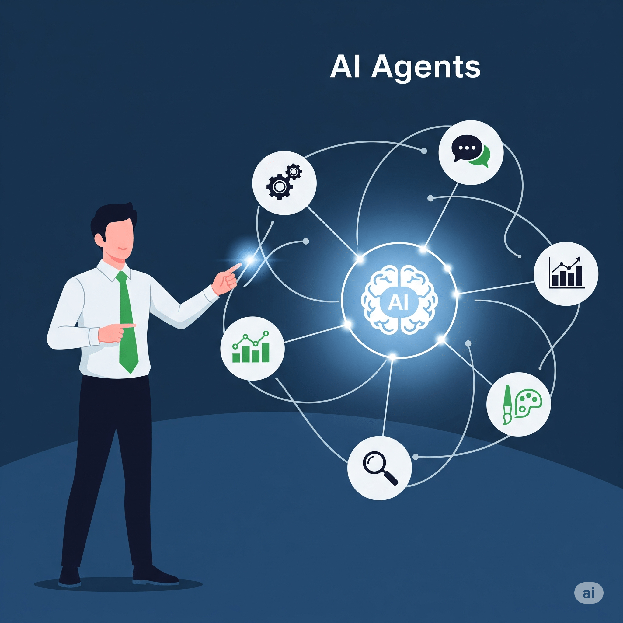 Alt Text: A graphic illustrating AI Agents explained, with a human figure overseeing a network of autonomous AI agents working together to achieve a goal.