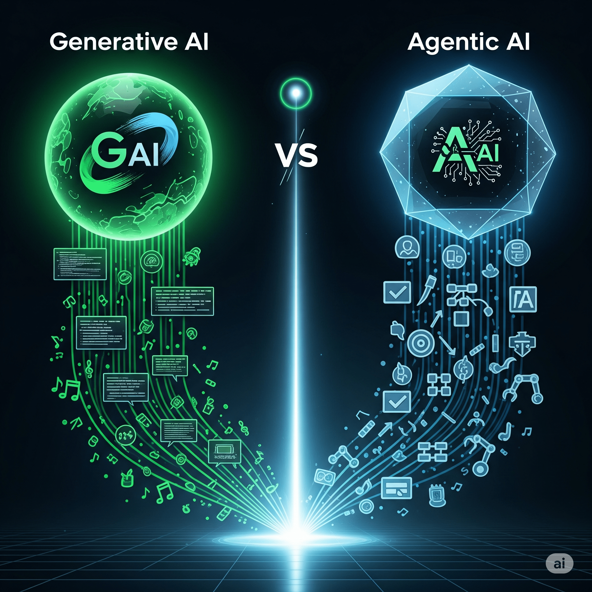 Alt Text: A graphic illustrating the core differences between Agentic AI vs Generative AI, showing one focused on creation and the other on autonomous action and automation.