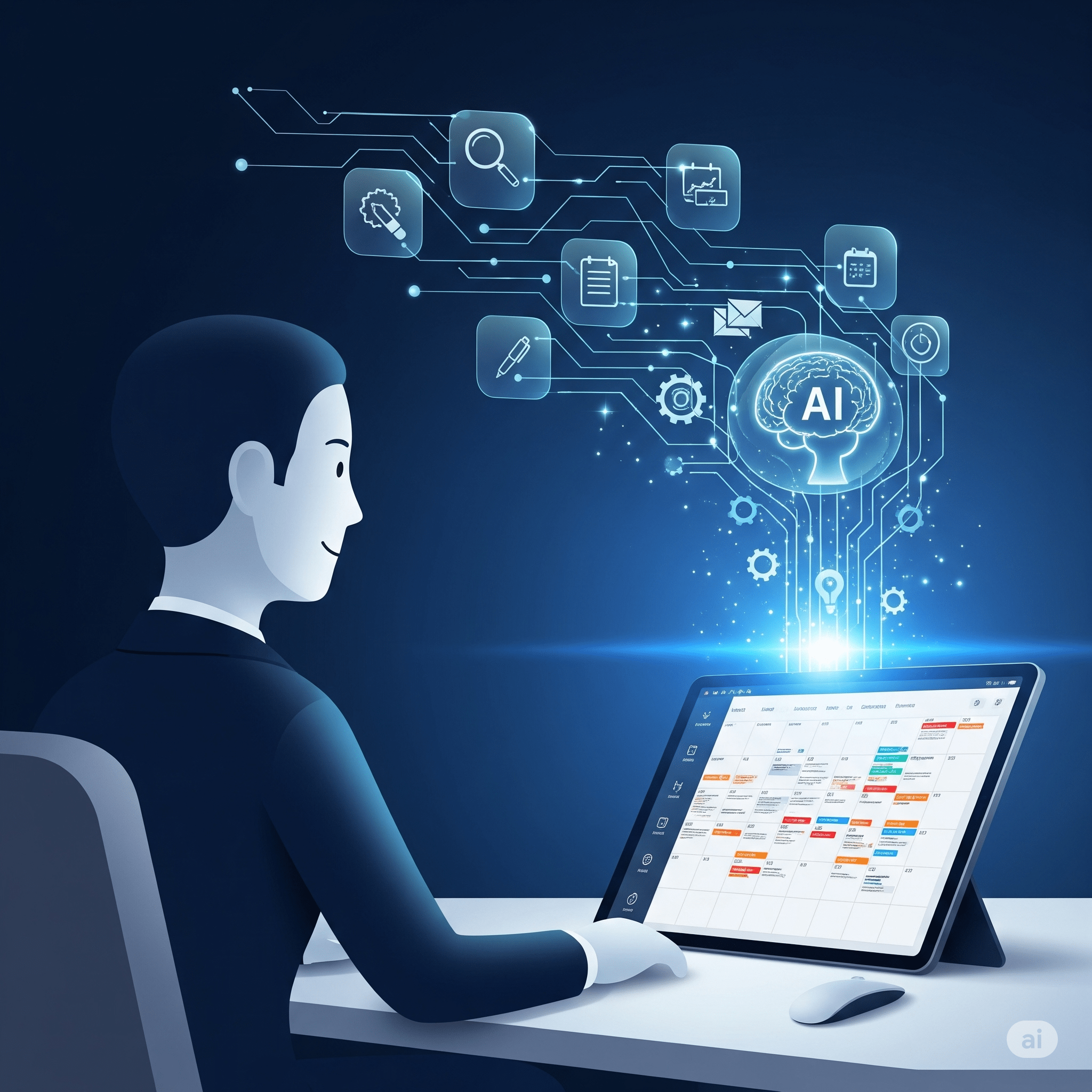 Alt Text: A graphic illustrating the concept of an AI content calendar guide, with technology automating the planning process for a busy marketer.