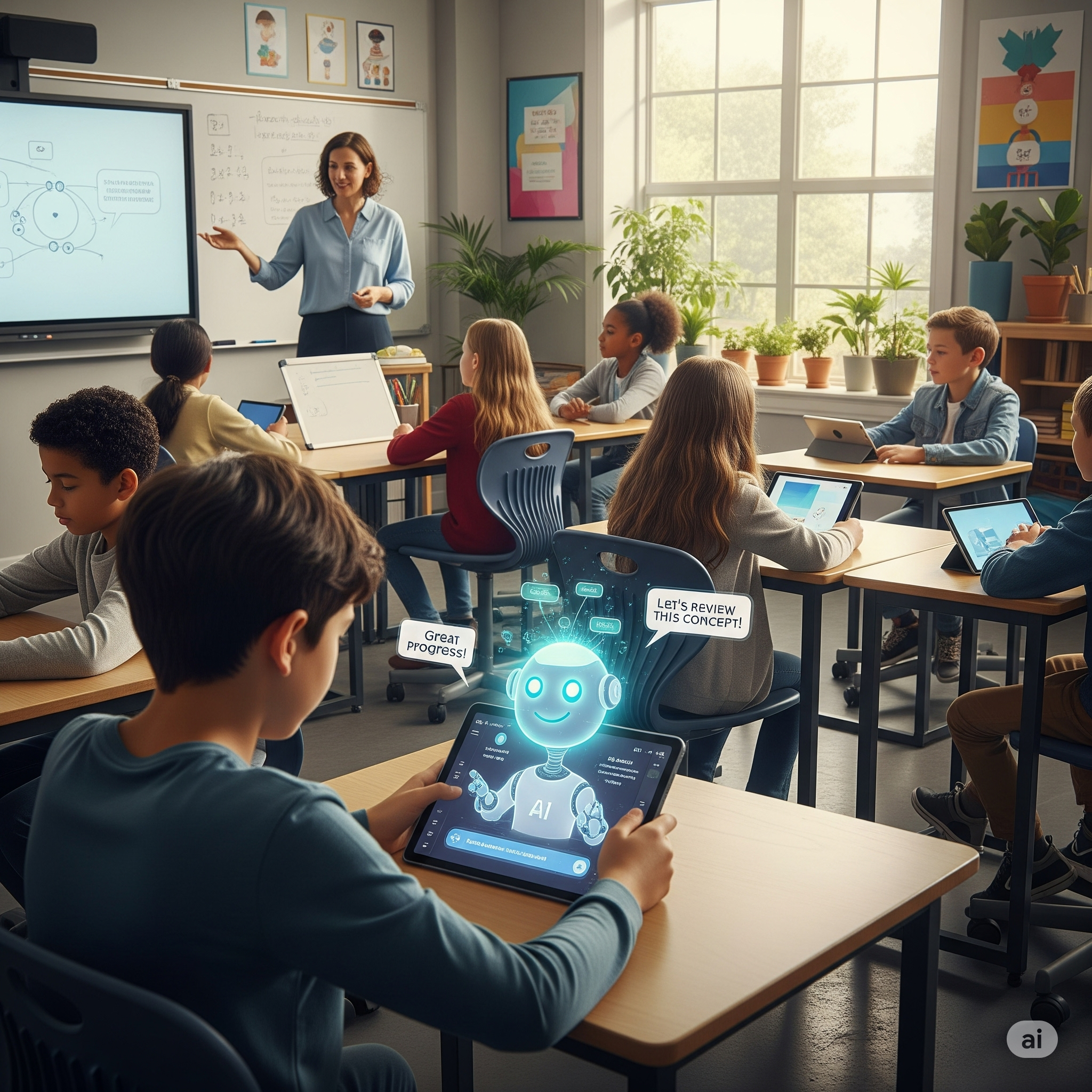 AI in Education for intelligent tutoring systems, with a student using a personalized AI tutor on a tablet in a modern classroom intelligent tutoring systems