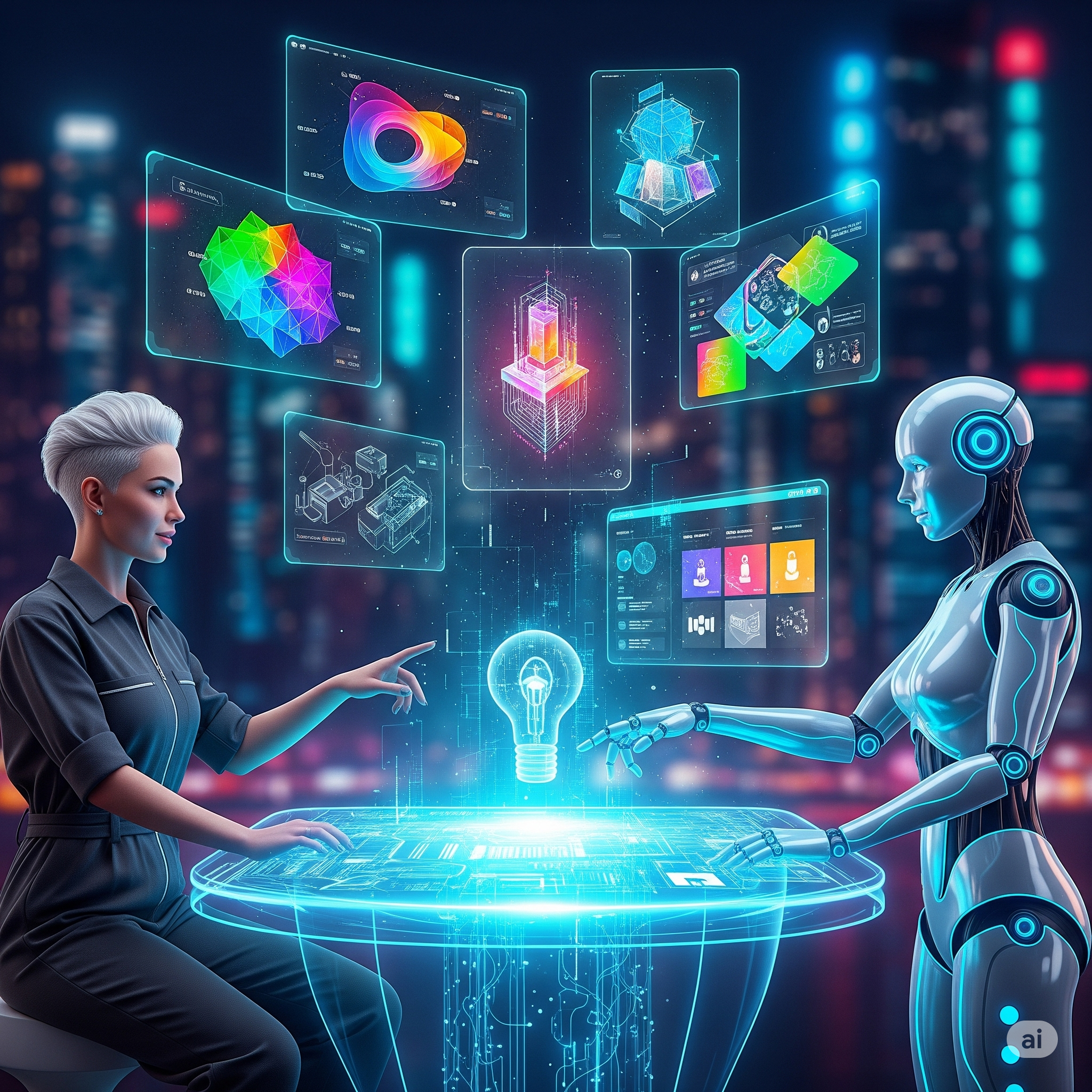 A creative professional collaborates with an AI creative partner to fuel business innovation and design.