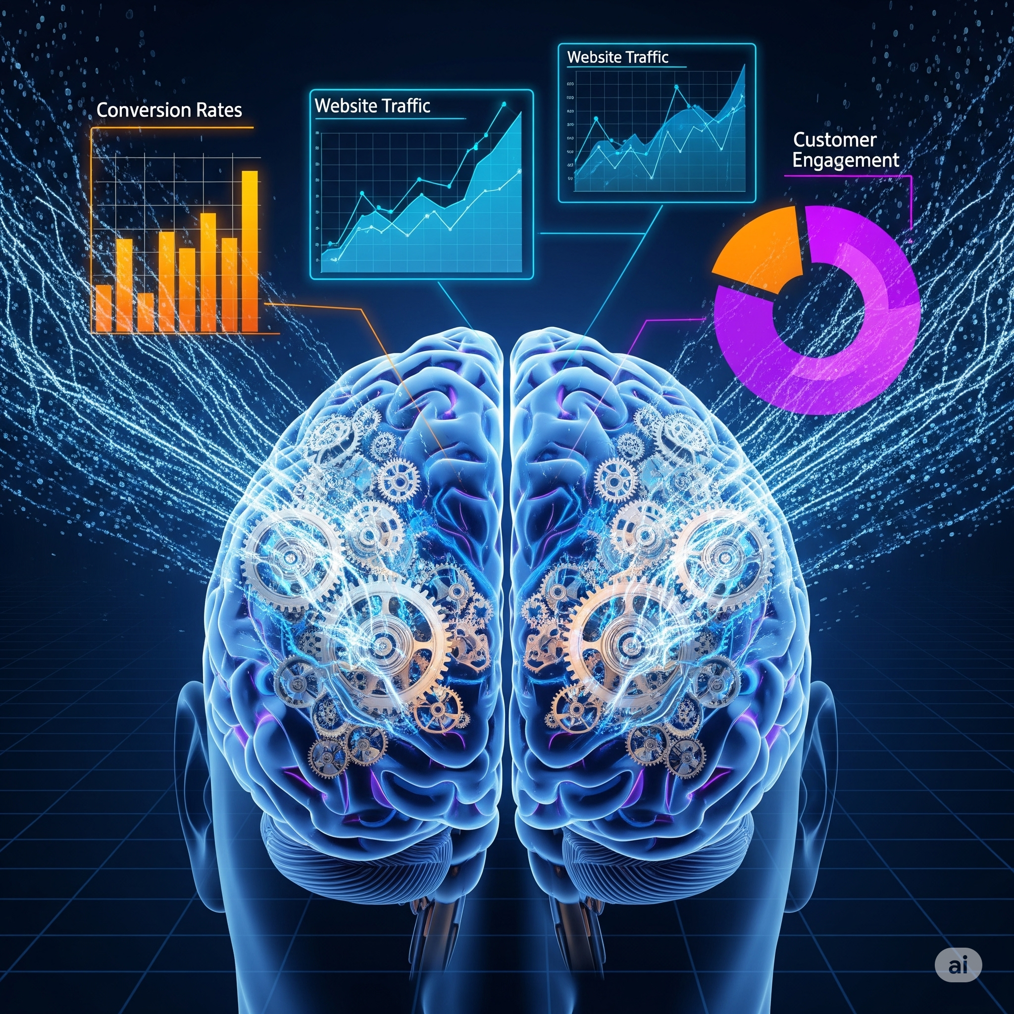 A visual representation of marketing ROI with AI, showing data and analytics being optimized by artificial intelligence.