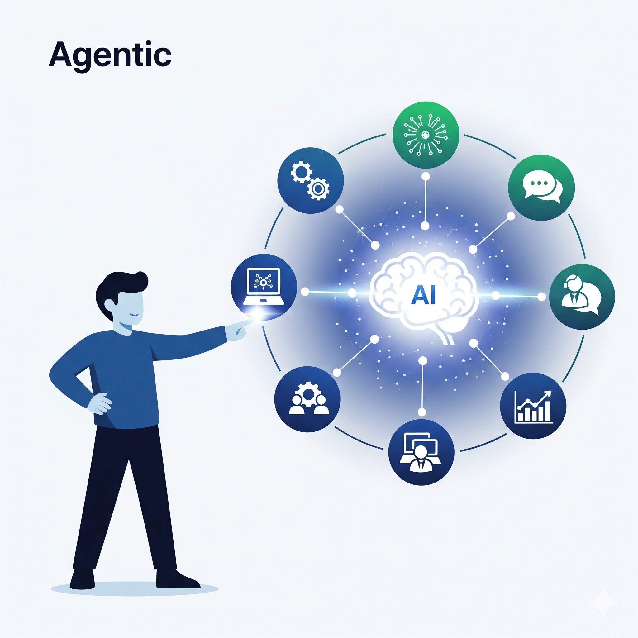Alt Text: A graphic illustrating Agentic AI platforms, with a human figure overseeing a network of autonomous AI agents working together to achieve a goal.