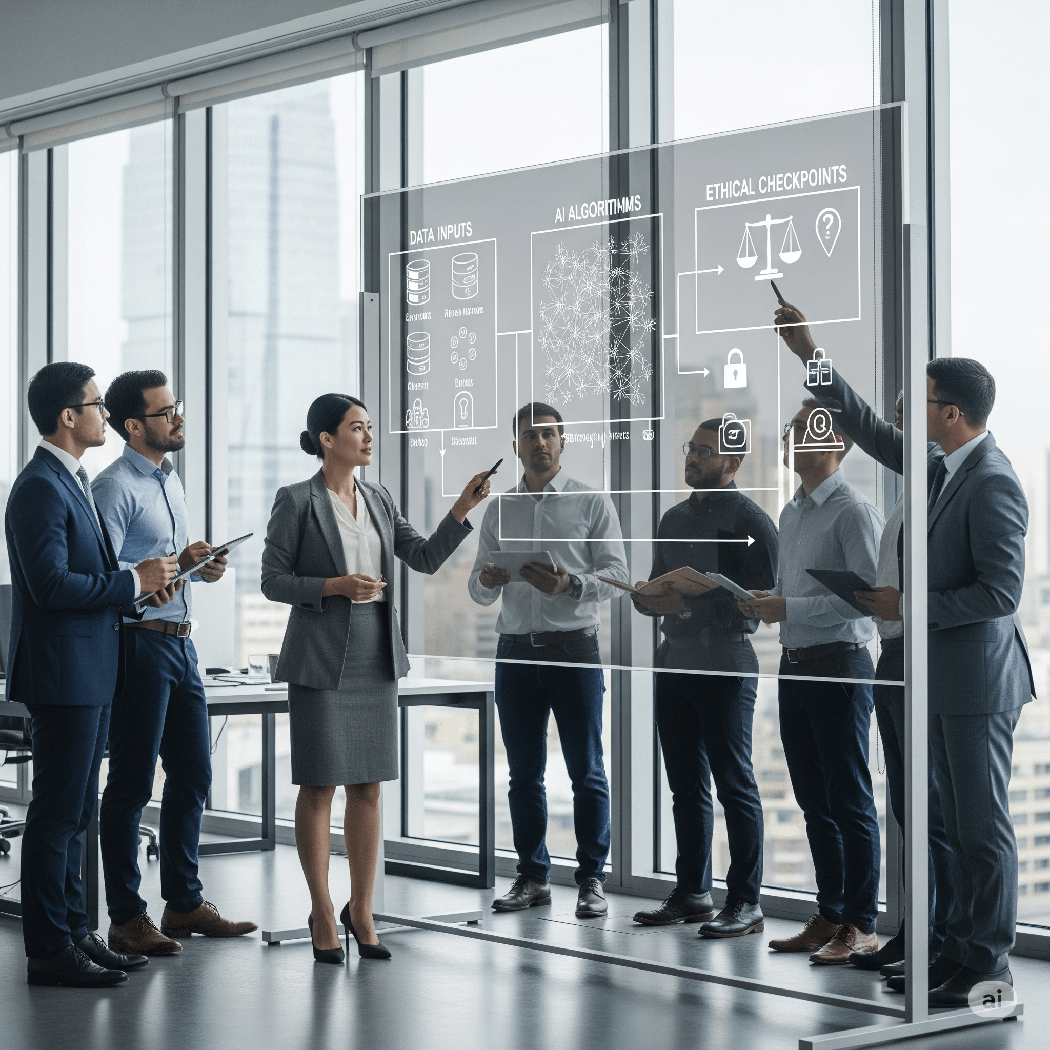 An AI Ethics Officer leading a team in implementing fair AI policy to ensure responsible AI development.