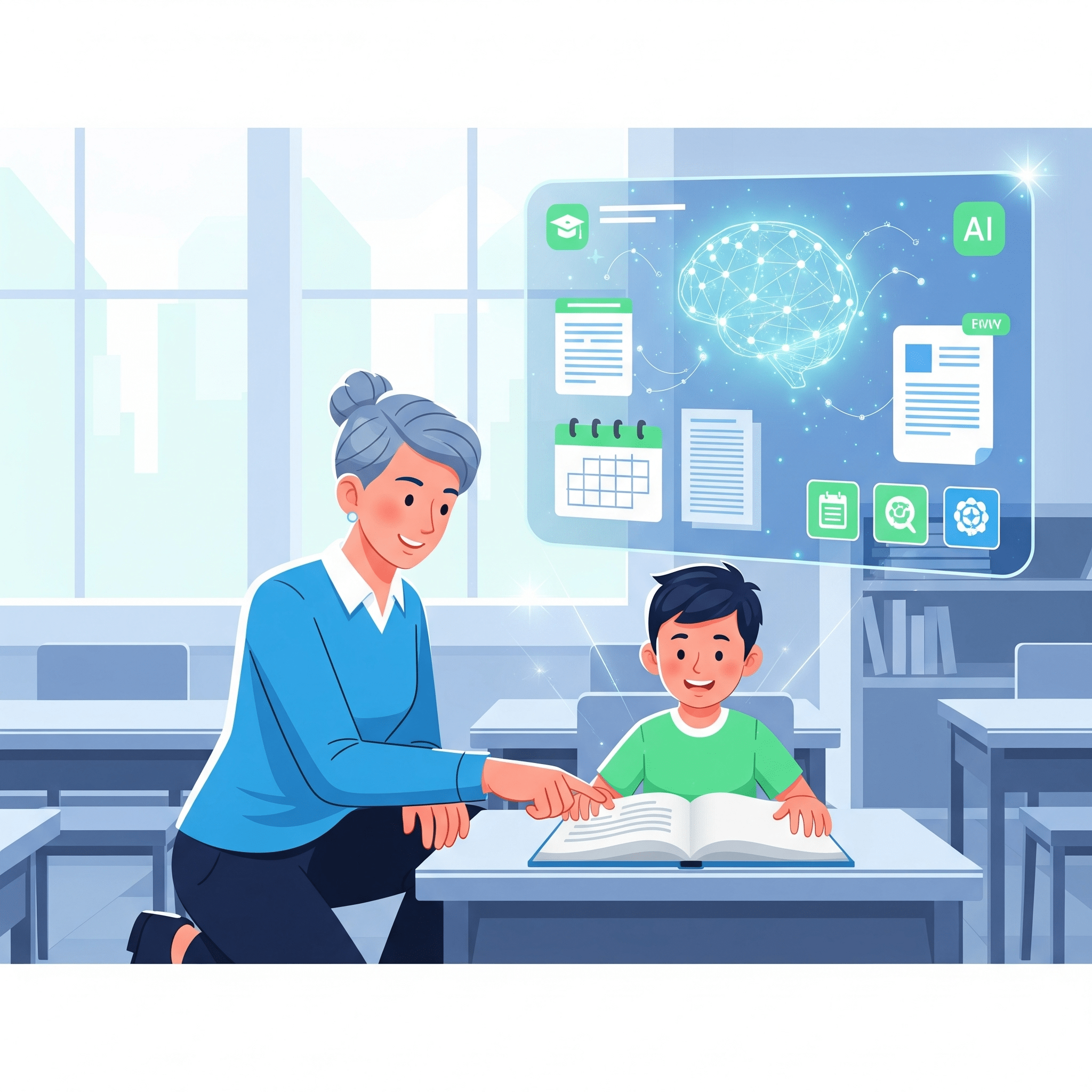 Alt Text: A graphic illustrating the concept of AI for lesson planning, with technology augmenting the teacher's role to create a more personalized learning experience.
