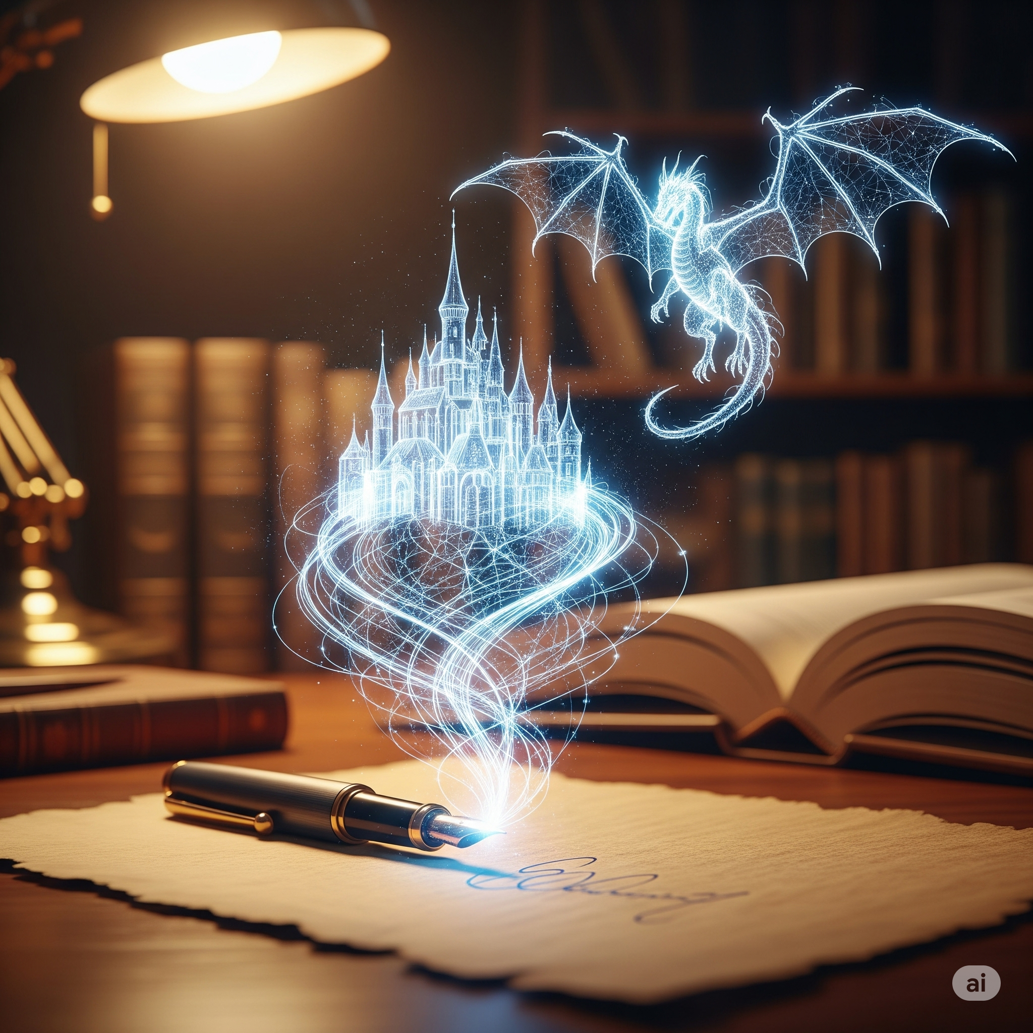 Image Alt Text A pen illustrating the fusion of traditional storytelling with AI creative writing.