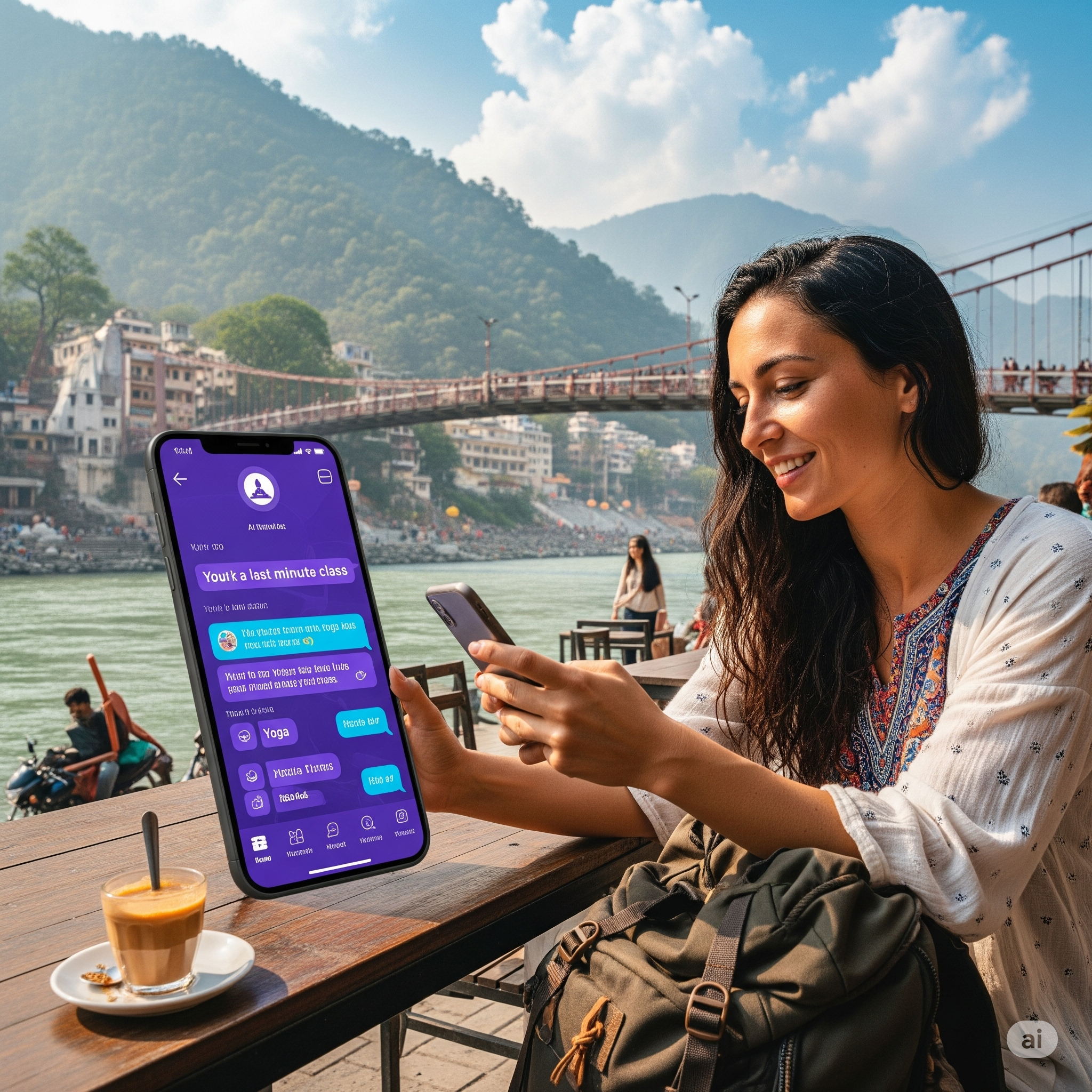 A traveler using AI tourism customer service on her phone to book an activity in Rishikesh, with AI travel bots making it easy.