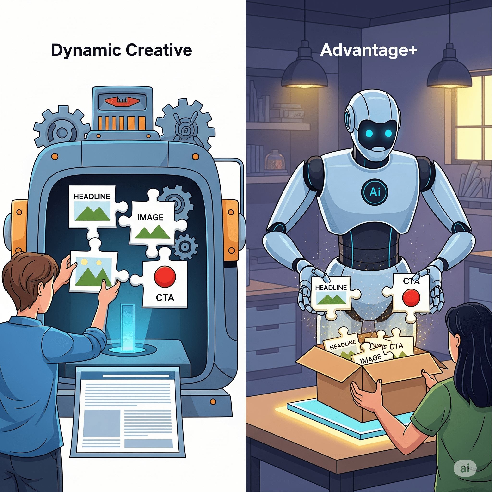 A visual comparison of Dynamic Creative vs Advantage+, showing one as a manual assembler and the other as an AI-powered enhancer for ad creative.