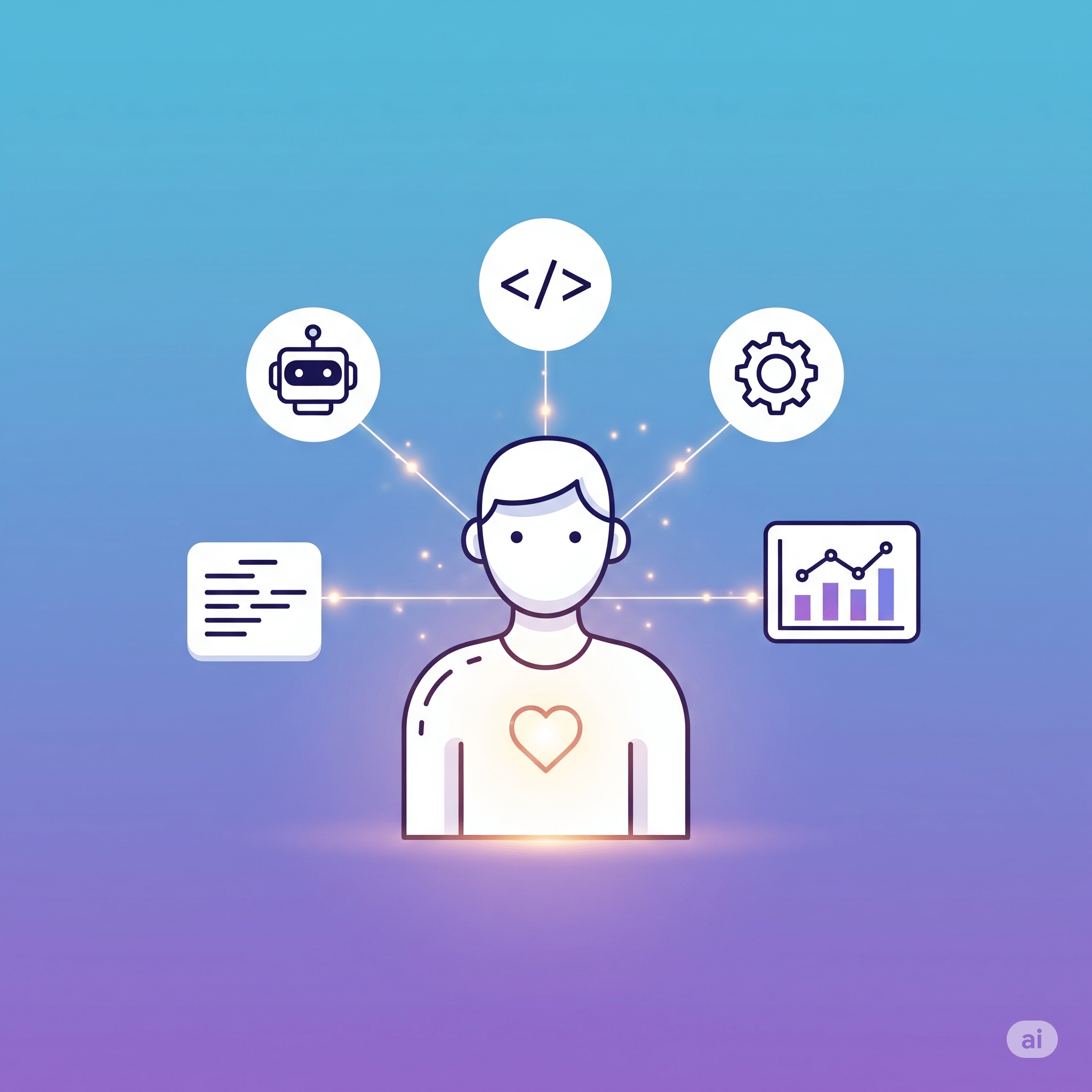 Alt Text: A graphic illustrating the concept of a human-centric AI in HR approach, with technology working to support and empower a central human figure.