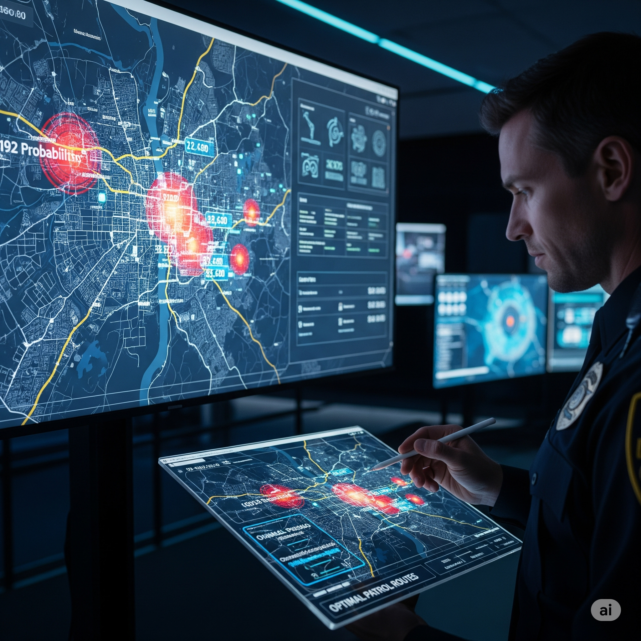 A law enforcement professional using advanced AI public safety technology for predictive policing and efficient resource allocation.