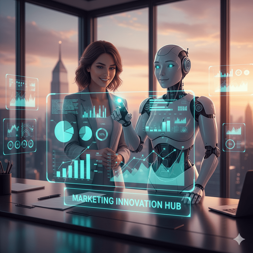 A digital marketer uses ai in modern digital marketing to analyze data and improve campaigns.