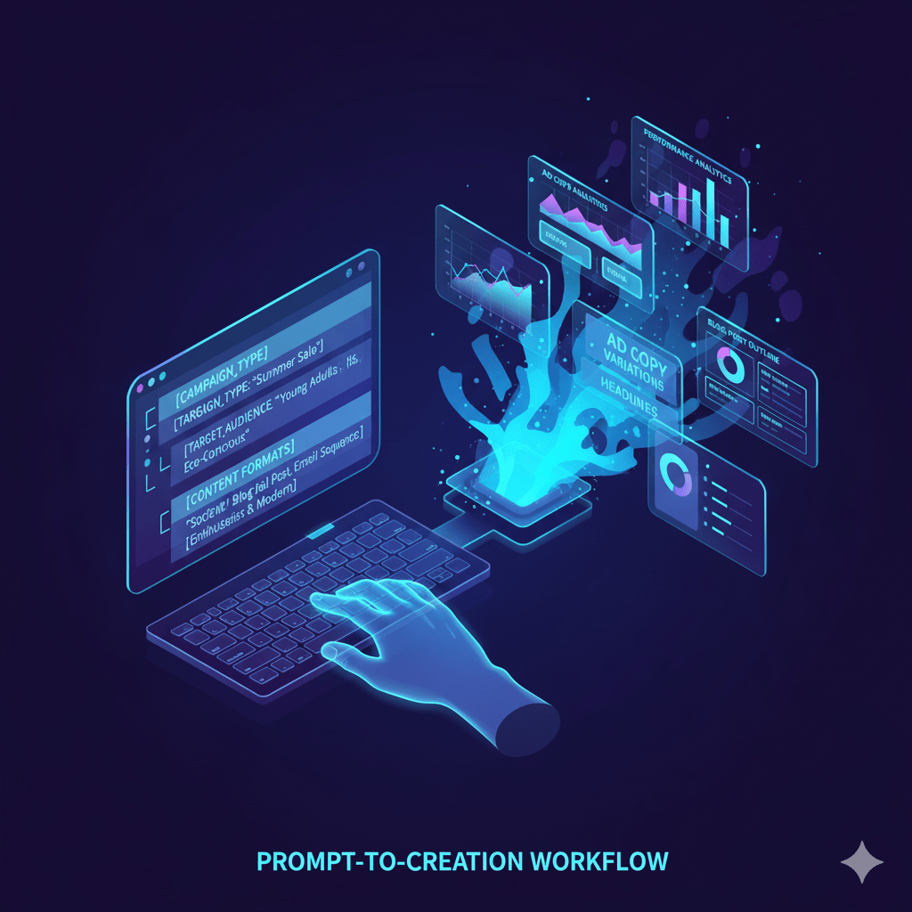 A marketing professional uses 100 best AI Marketing Prompts to accelerate content creation.