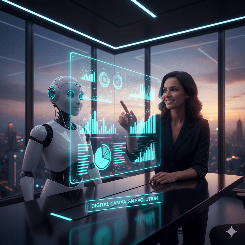 A digital marketer uses ai in digital advertising to analyze data and improve campaigns.