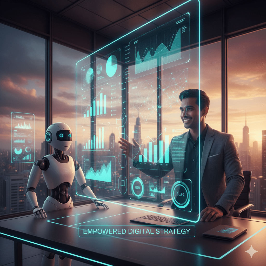 A digital marketer in a futuristic office, working alongside a friendly robot assistant. The marketer is smiling, and the background is filled with glowing data visualizations and charts showing growth. Alt Text: A digital marketer uses digital marketing using ai to analyze data and improve campaigns.