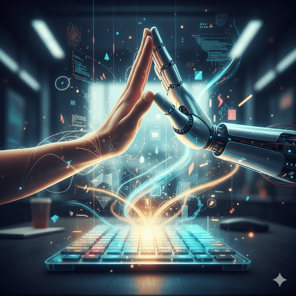 A human hand and a robot hand high-fiving, symbolizing how a writing prompt enables human-AI collaboration for creators.