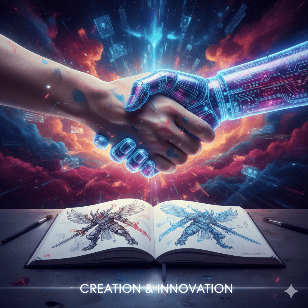 A vibrant, futuristic image showing a human hand (representing creativity) shaking hands with a stylized, glowing AI robot hand over a sketchbook displaying a fantastical game character.