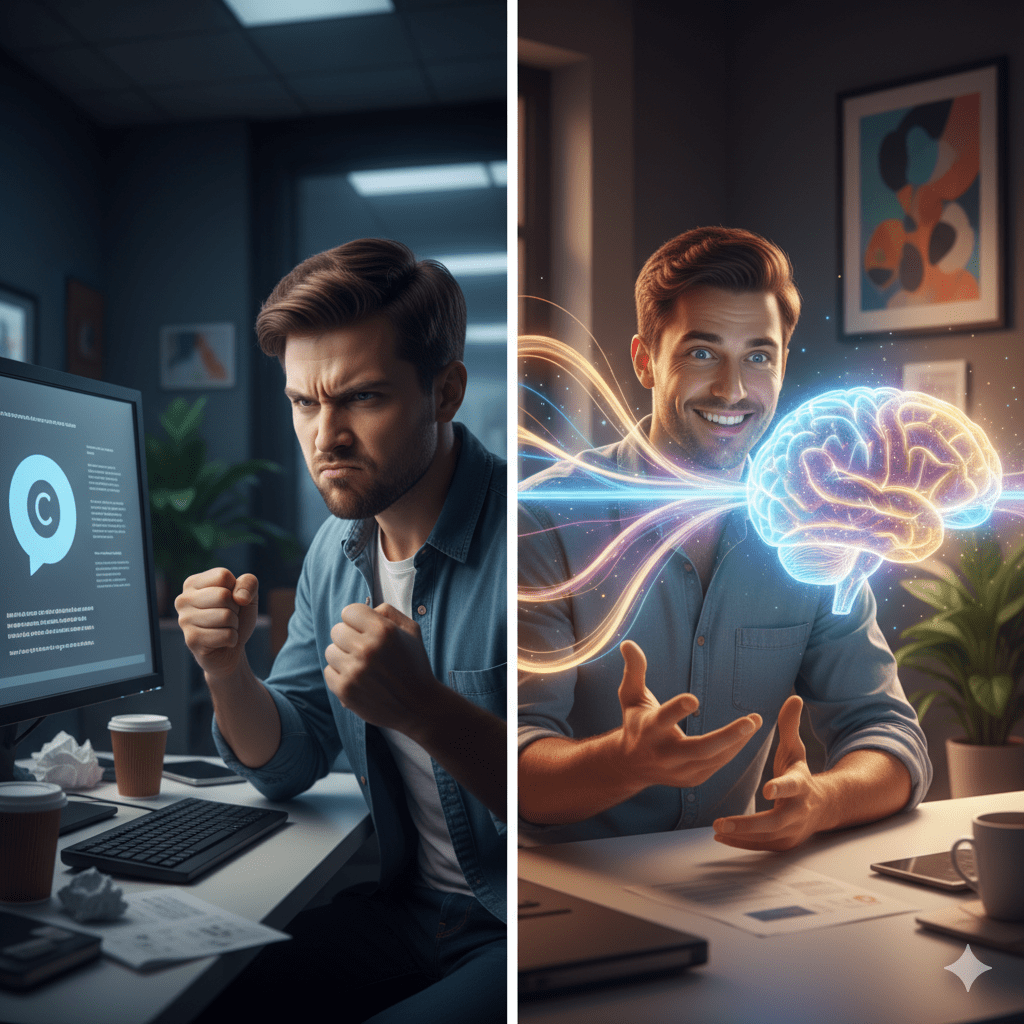A user frustrated with a basic ChatGPT prompt, contrasted with a creative person experiencing human-AI collaboration for creators.