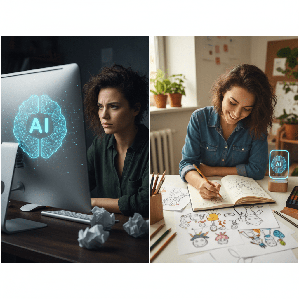 An artist overcoming creative block by using the Prompt Dependency ABA method to manage human-AI collaboration."