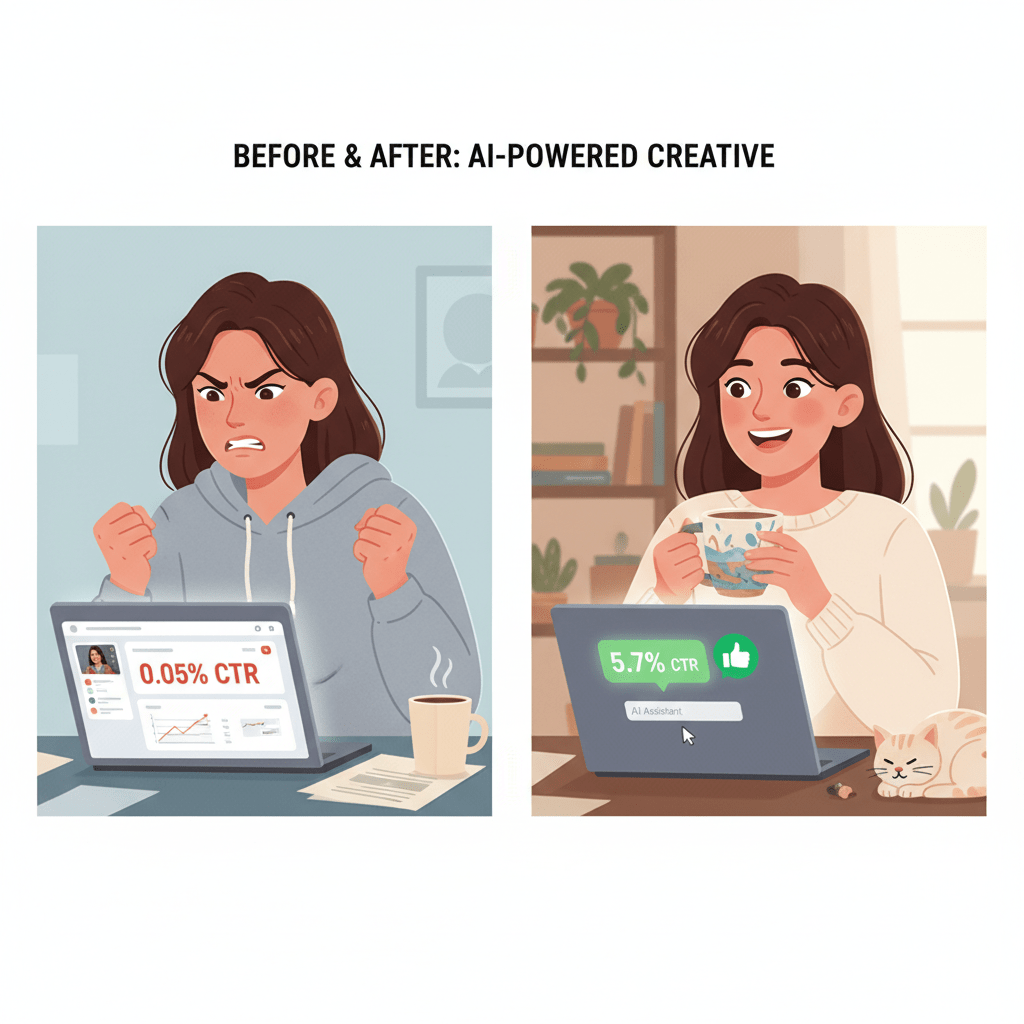 A split image showing how a creator used AI to improve her 'meta ads good ctr' from 0.05% to 5.7%.