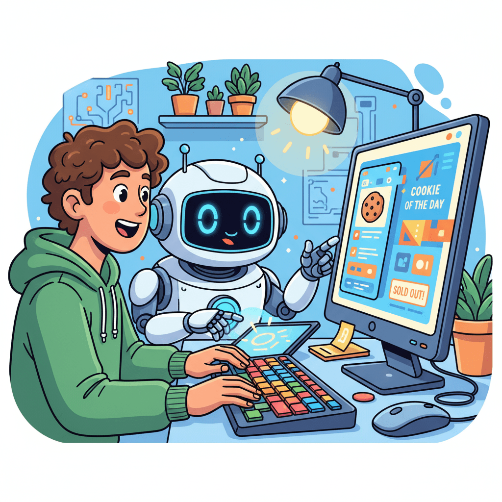 A person and a robot partner illustrating how to use Gemini to create an app for free through human-AI collaboration.