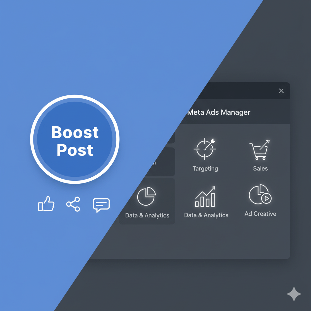 Alt Text: A diagram showing the difference in the Meta Ads vs Boost Post debate: 'Boost Post' for simple likes, 'Meta Ads' for detailed targeting and sales.