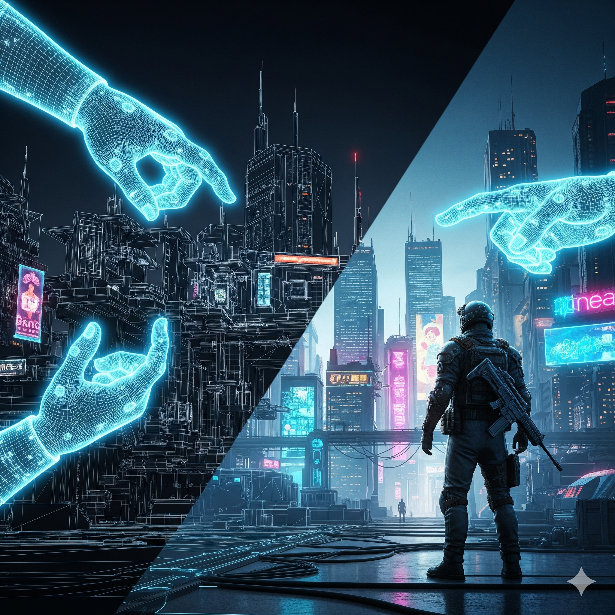 Futuristic digital interface showing how to create BGMI with AI using 3D modeling tools.