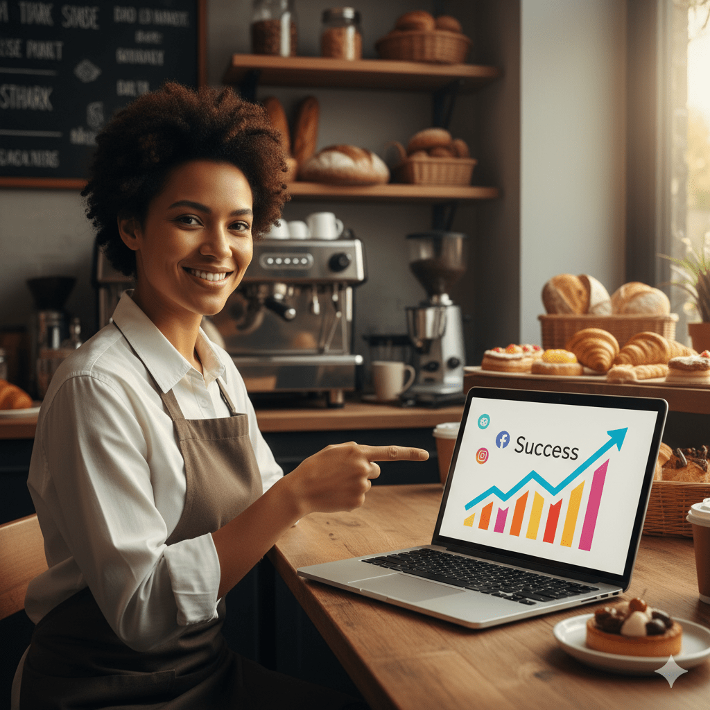 A small business owner smiling as she reviews her successful Meta ads best strategies on a laptop.
