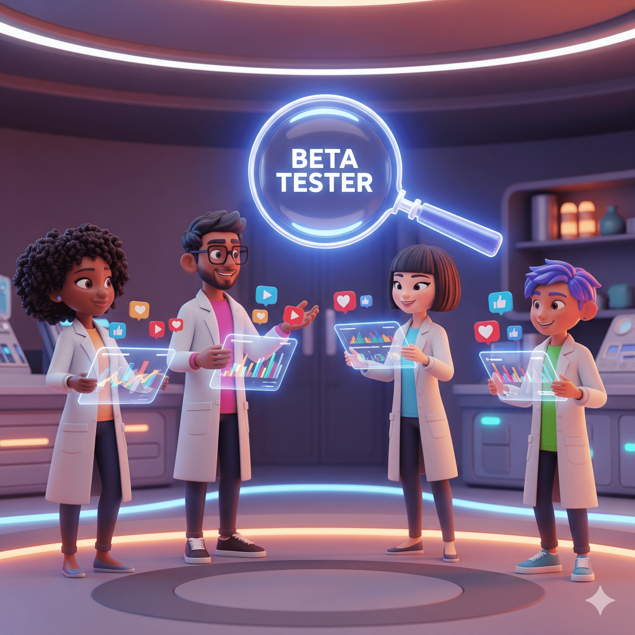 Alt Text: Digital creators in a lab answering the call for Need Tester for Social SEO App to optimize social media content.