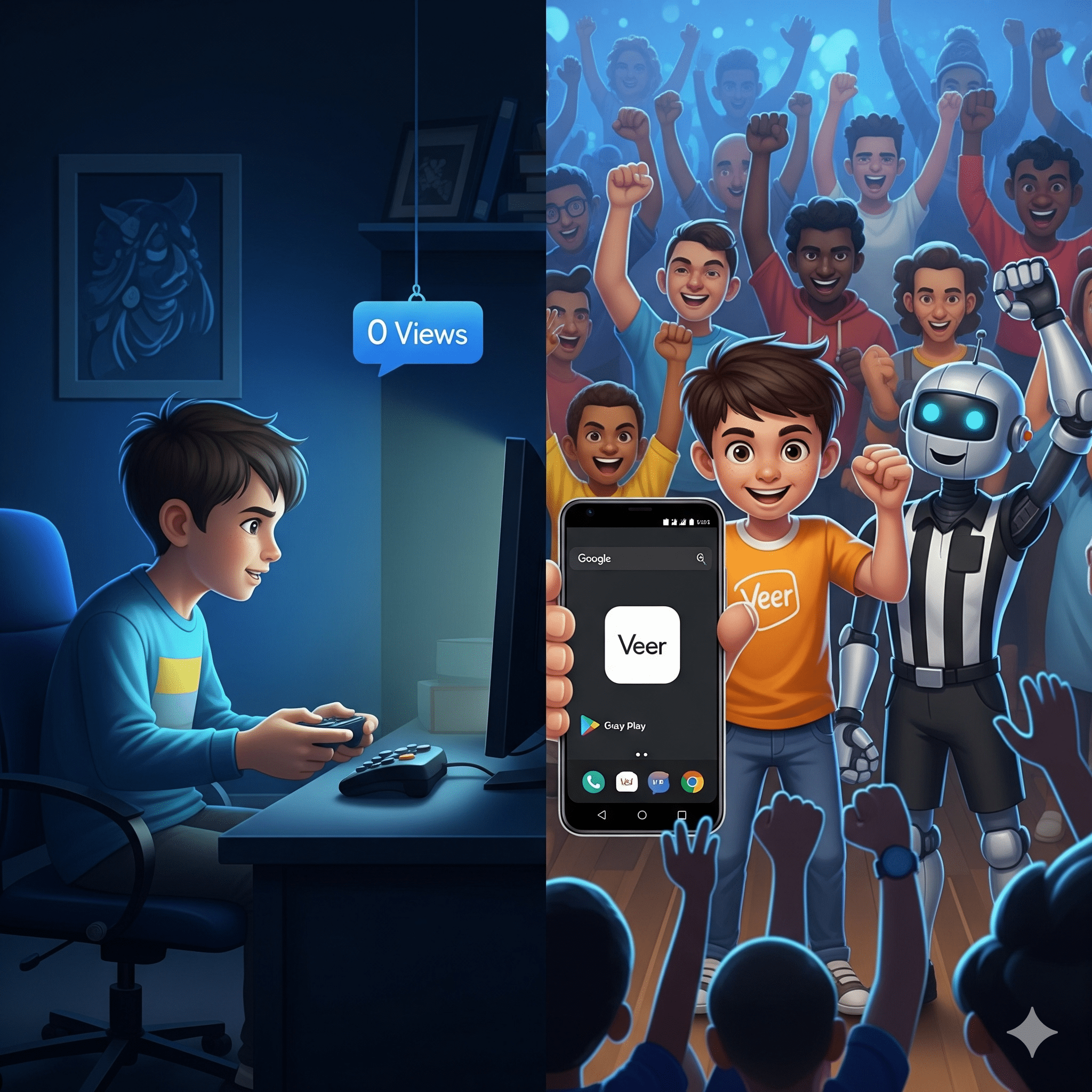 Alt Text: Veer Social SEO App on play store download screen showing 5-star ratings and growth features.