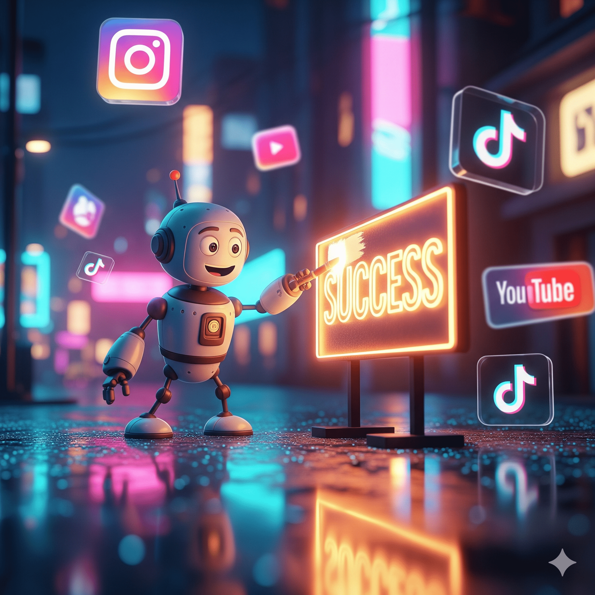 Illustration of the Veer Social SEO App robot automating content visibility on social media platforms.