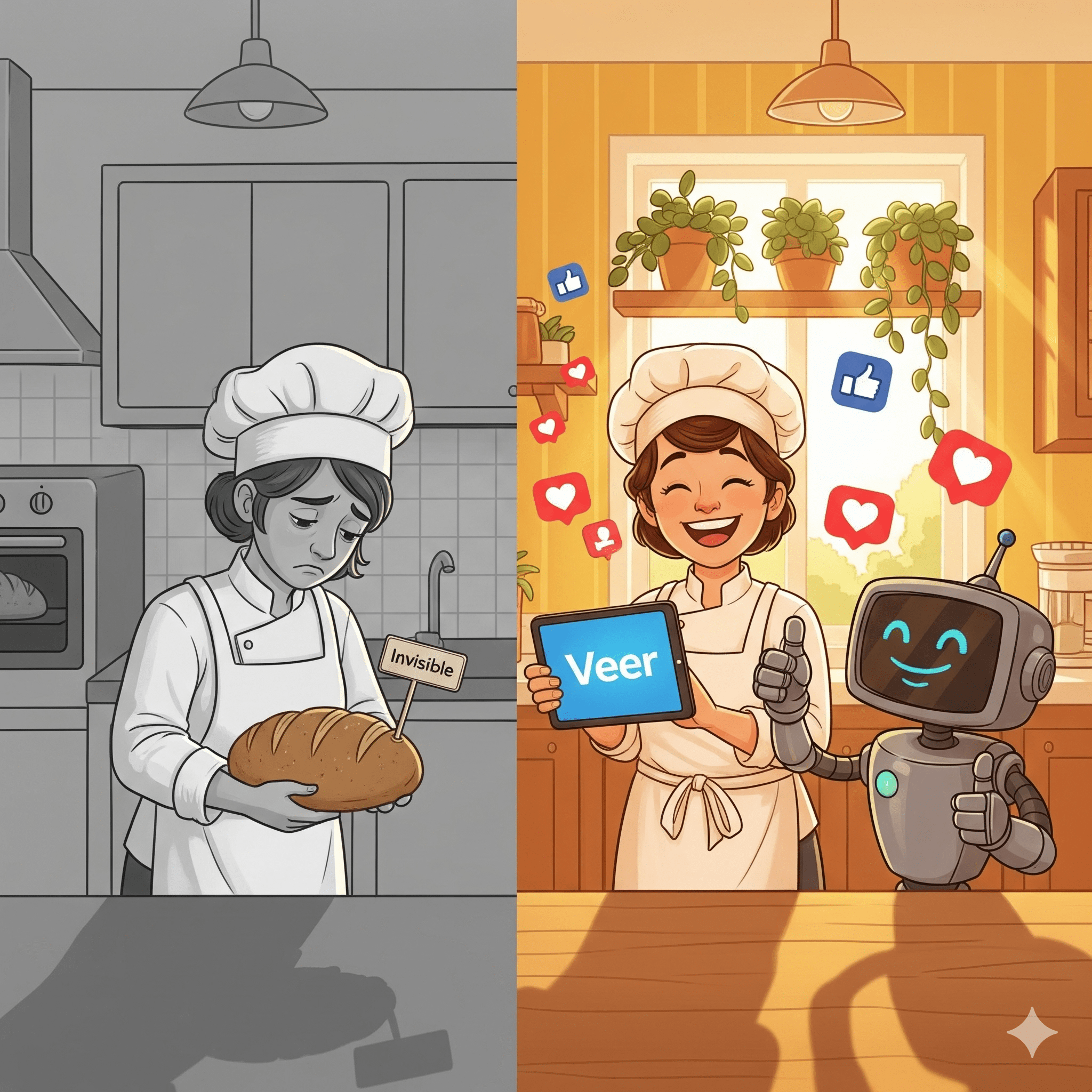 Image Prompt: A split-screen illustration in a warm, inviting style. Left side: A baker looking sad in a grey kitchen, holding a loaf of bread with a "Invisible" sign on it. Right side: The same baker smiling in a bright, sunny kitchen. She is holding a tablet with the "Veer" logo. Facebook "Like" and "Heart" icons are floating around her like confetti. A friendly robot (AI) is giving her a thumbs up.