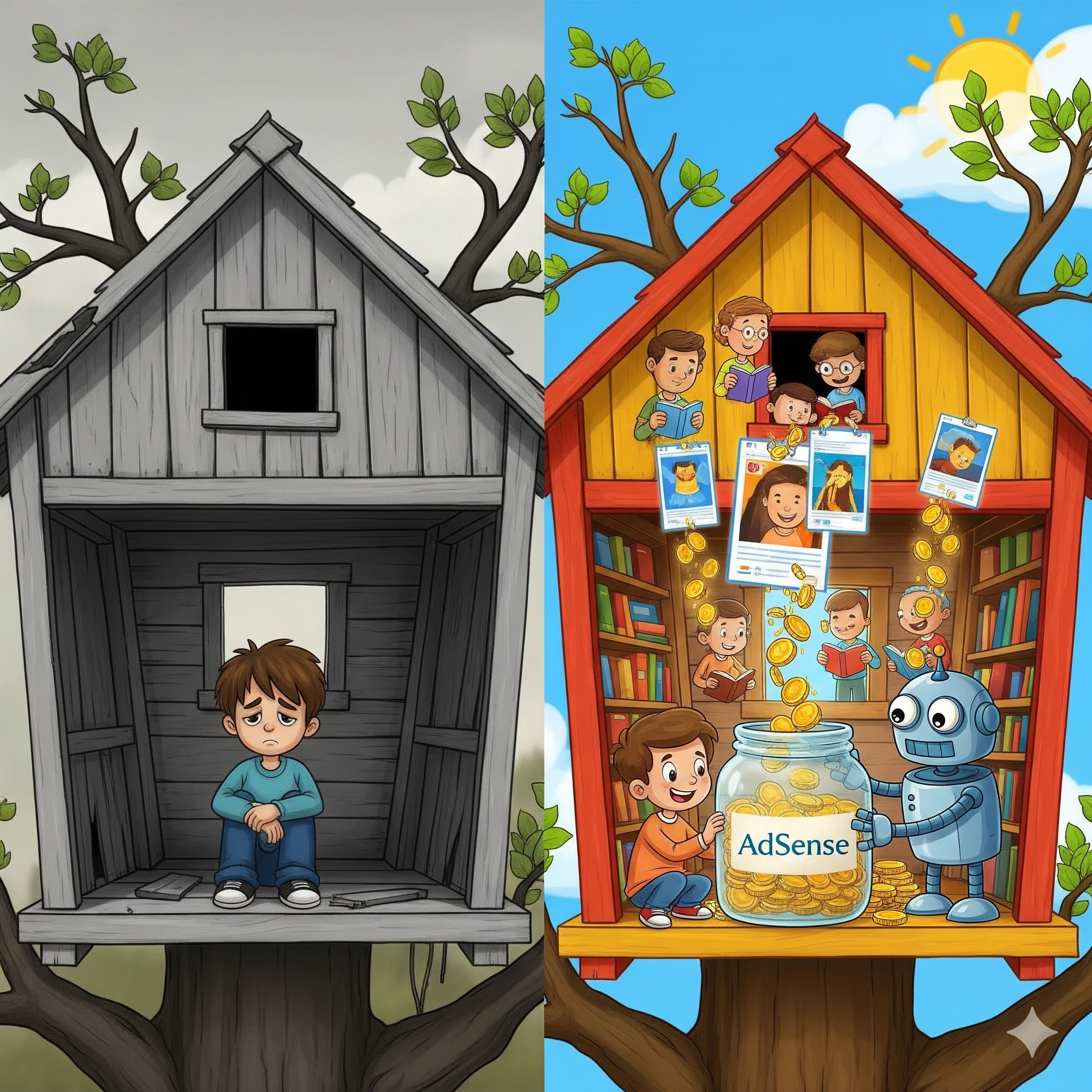 Alt Text: adsense website interface showing revenue growth and creative workflow automation statistics.