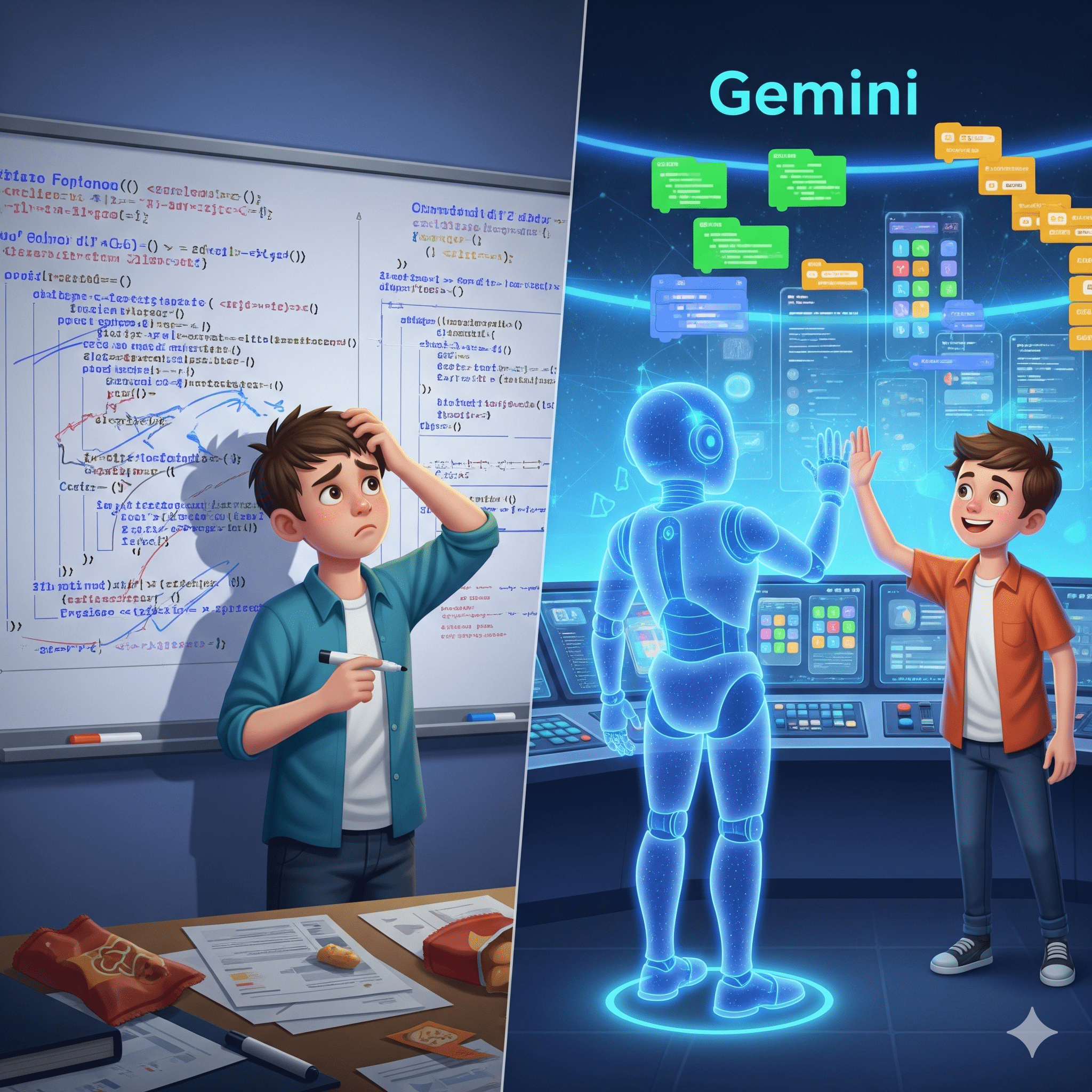 Alt Text: gemini ai app builder interface showing code generation and creative workflow automation.