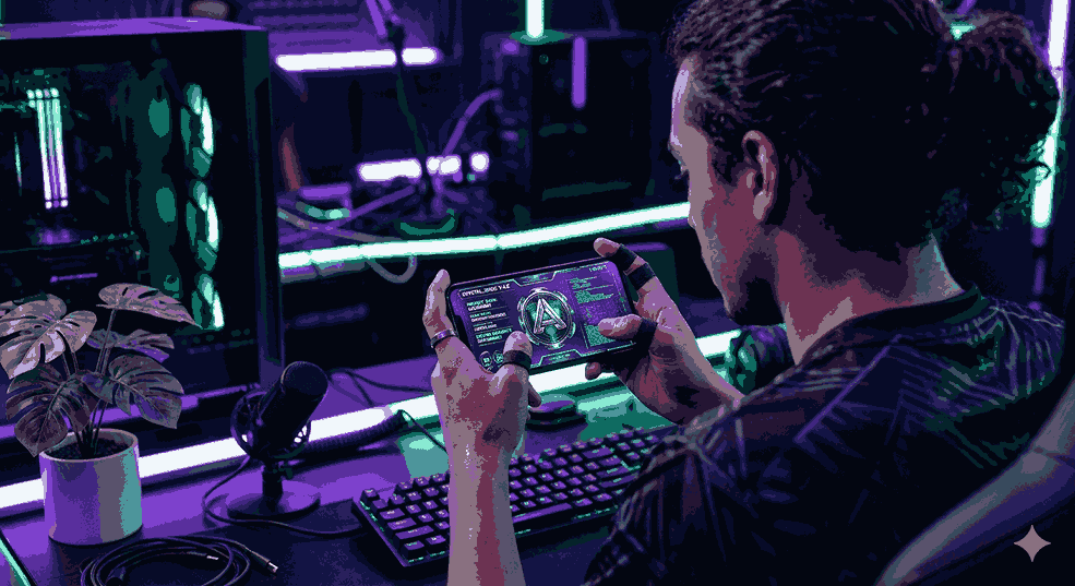 A gamer looking at a glowing smartphone screen displaying a newly customized, symbol-rich profile created by a bgmi font generator ai.