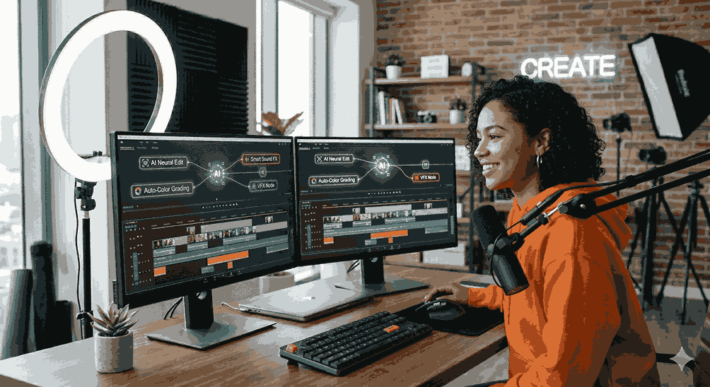 A content creator smiling at a laptop screen showing an automated timeline, demonstrating youtube shorts ai video editing.
