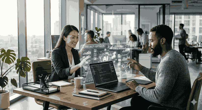 A diverse group of full-time office workers looking at a glowing data screen, representing the full-time workers ai impact.